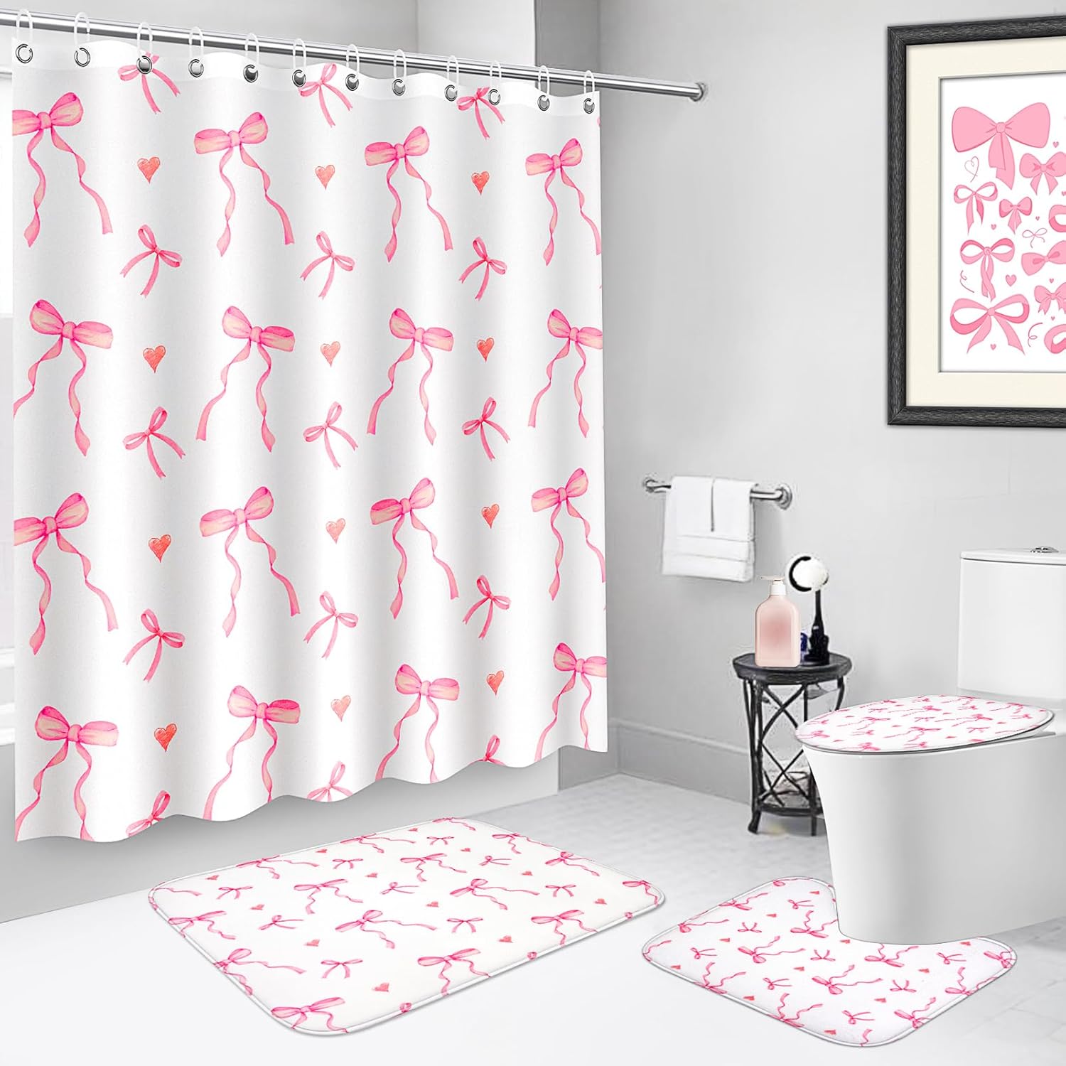 4Pcs Pink Bow Shower Curtain Set with 12 Hooks