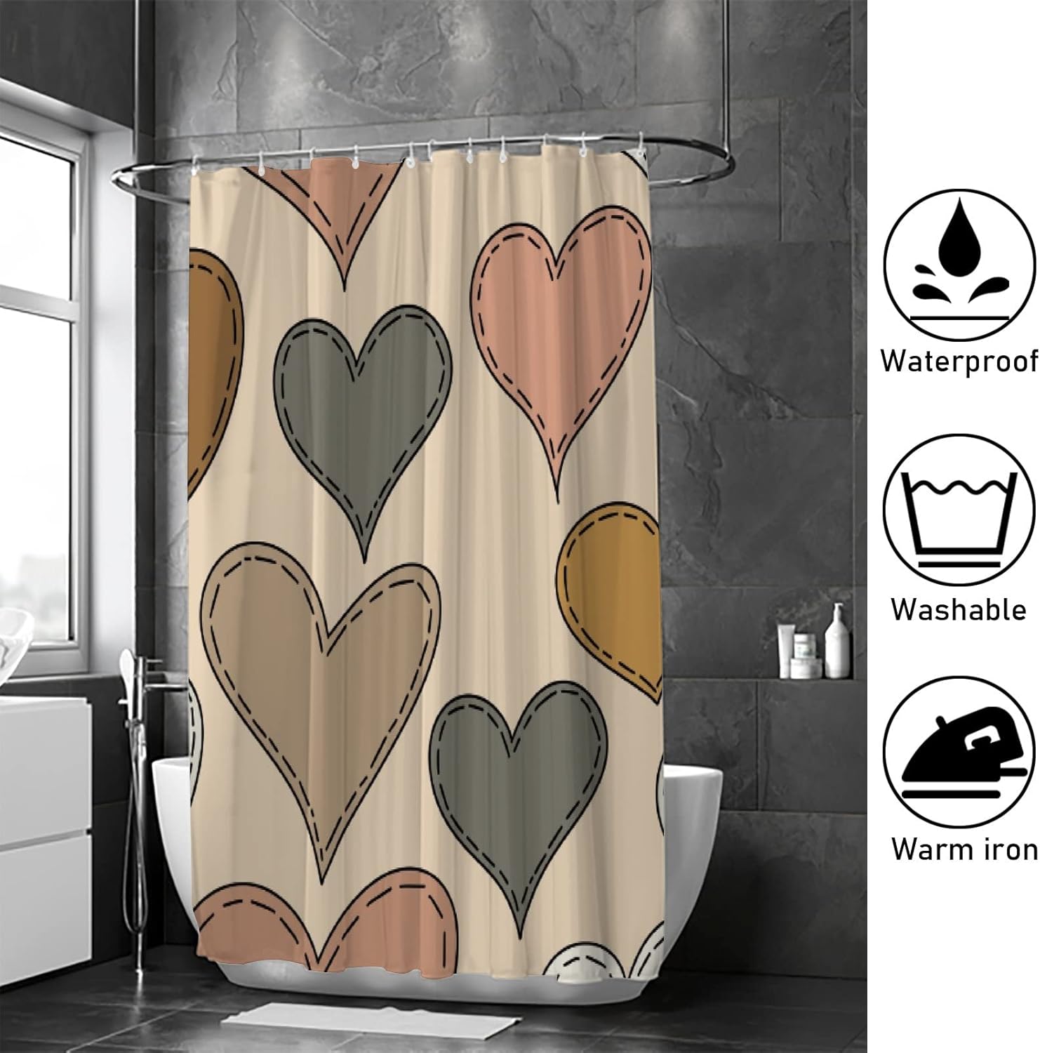 Waterproof Washable Shower curtain with 12 Hooks Heart Design Durable Bathroom Essential