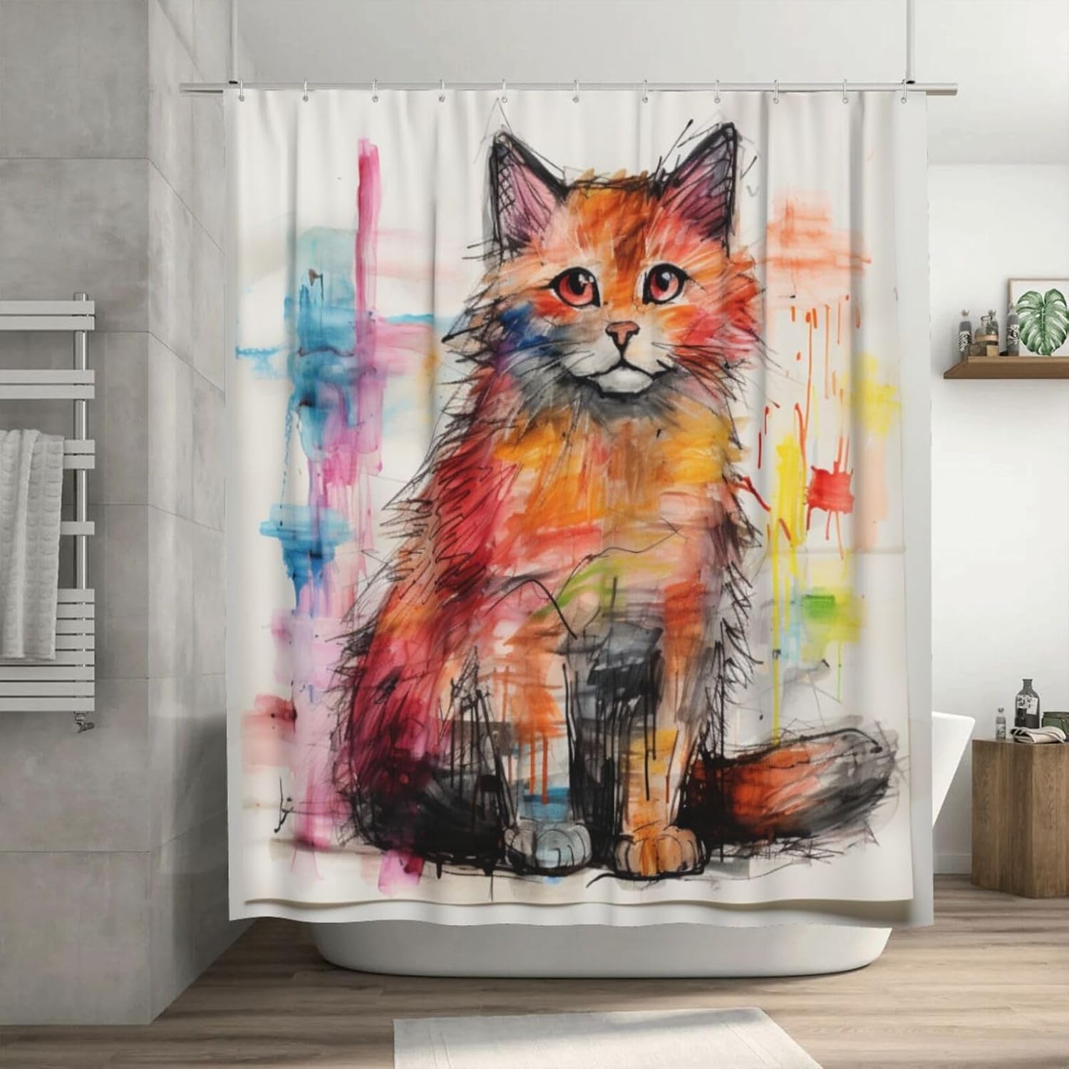 Cute Cat Shower Curtain Set with 12 Hooks 72x72in