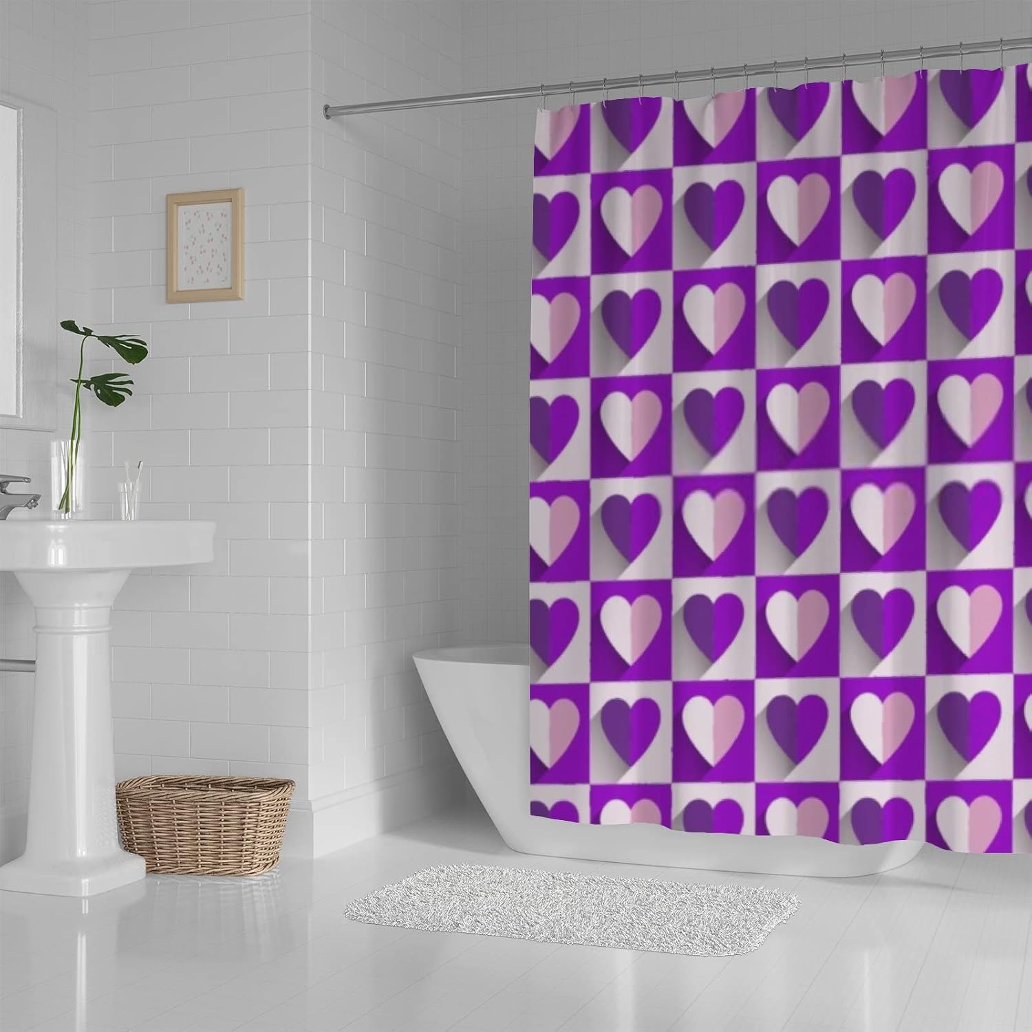 Hapuxt Valentines Day Heart Purple Shower Curtains Durable Waterproof Machine Washable