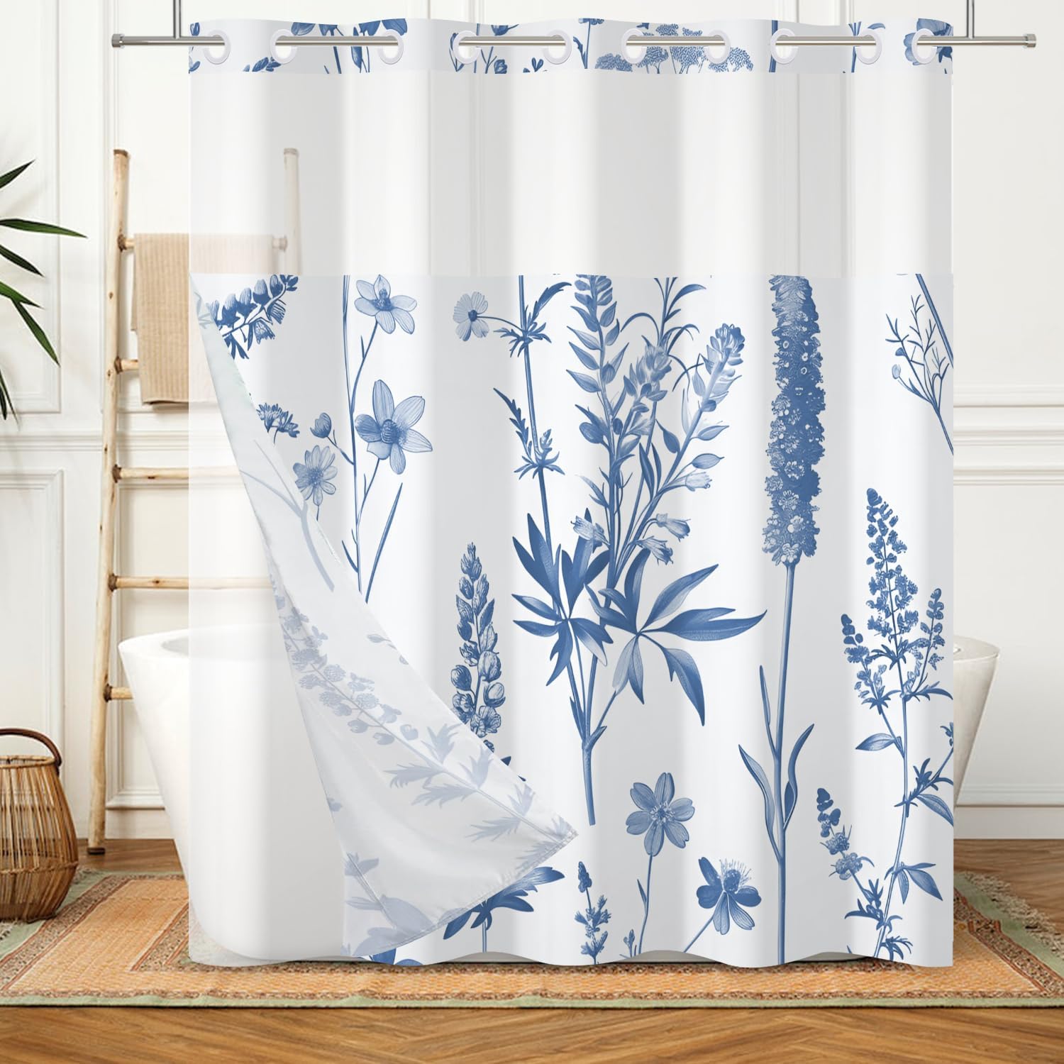 DASHAN Blue Floral Shower Curtain