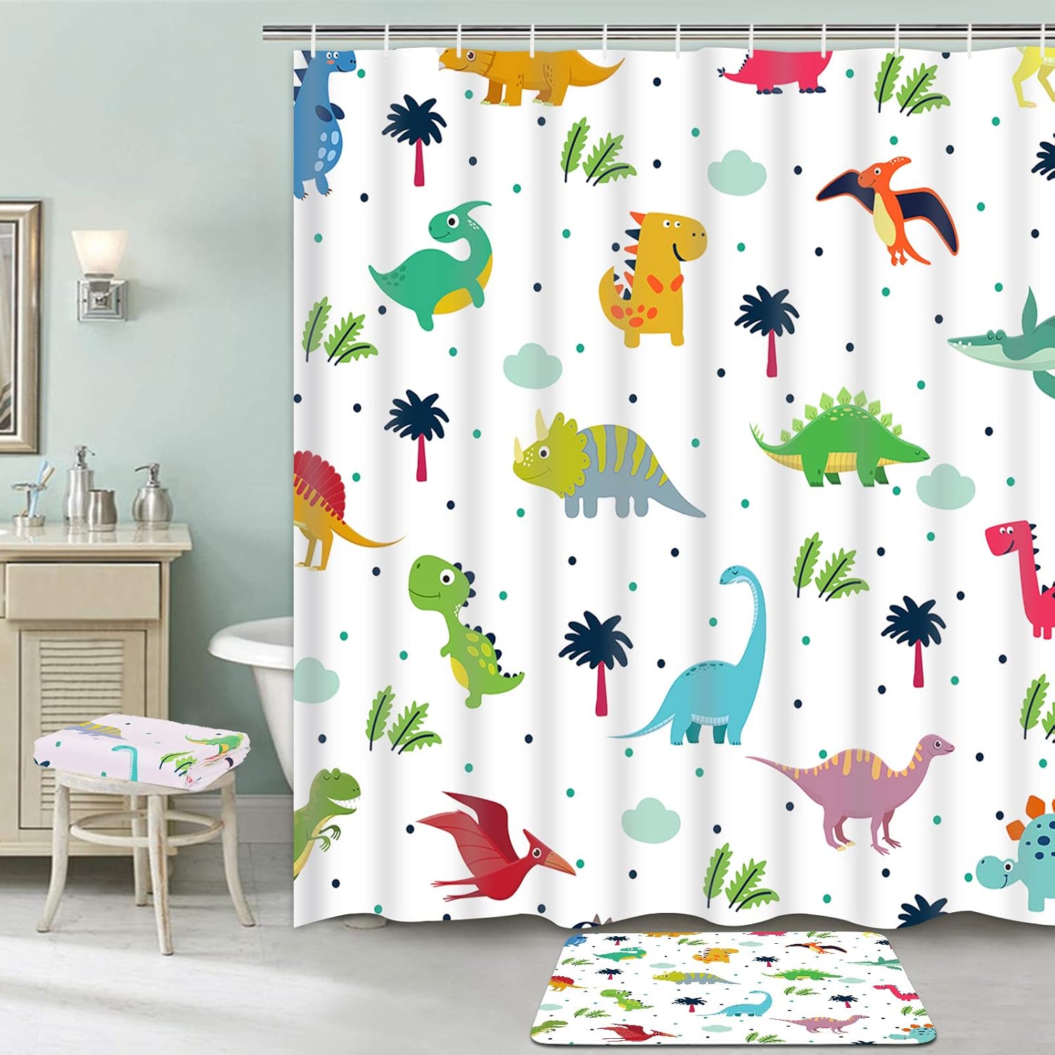Ikfashoni 7 Piece Cartoon Dinosaur Bath Set with Rug and Towels