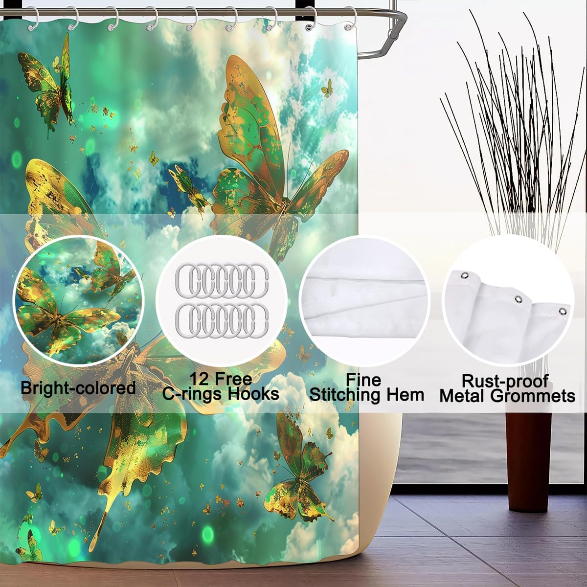 4 PCS Green Butterfly Shower Curtain Sets