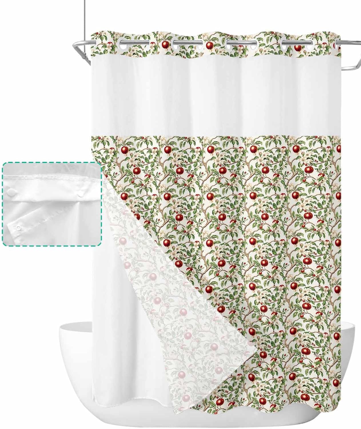 Art Deco Hotel Style Green Fruit No Hooks Shower Curtain Set 60x72