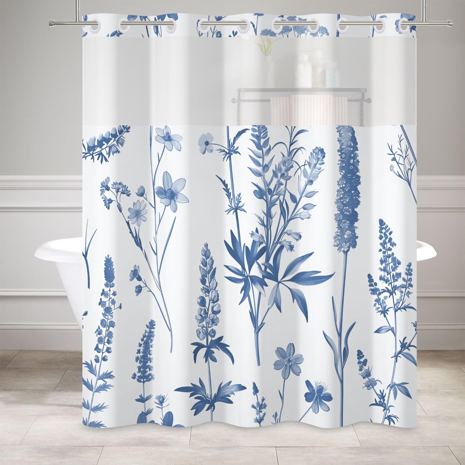DASHAN Blue Floral Shower Curtain