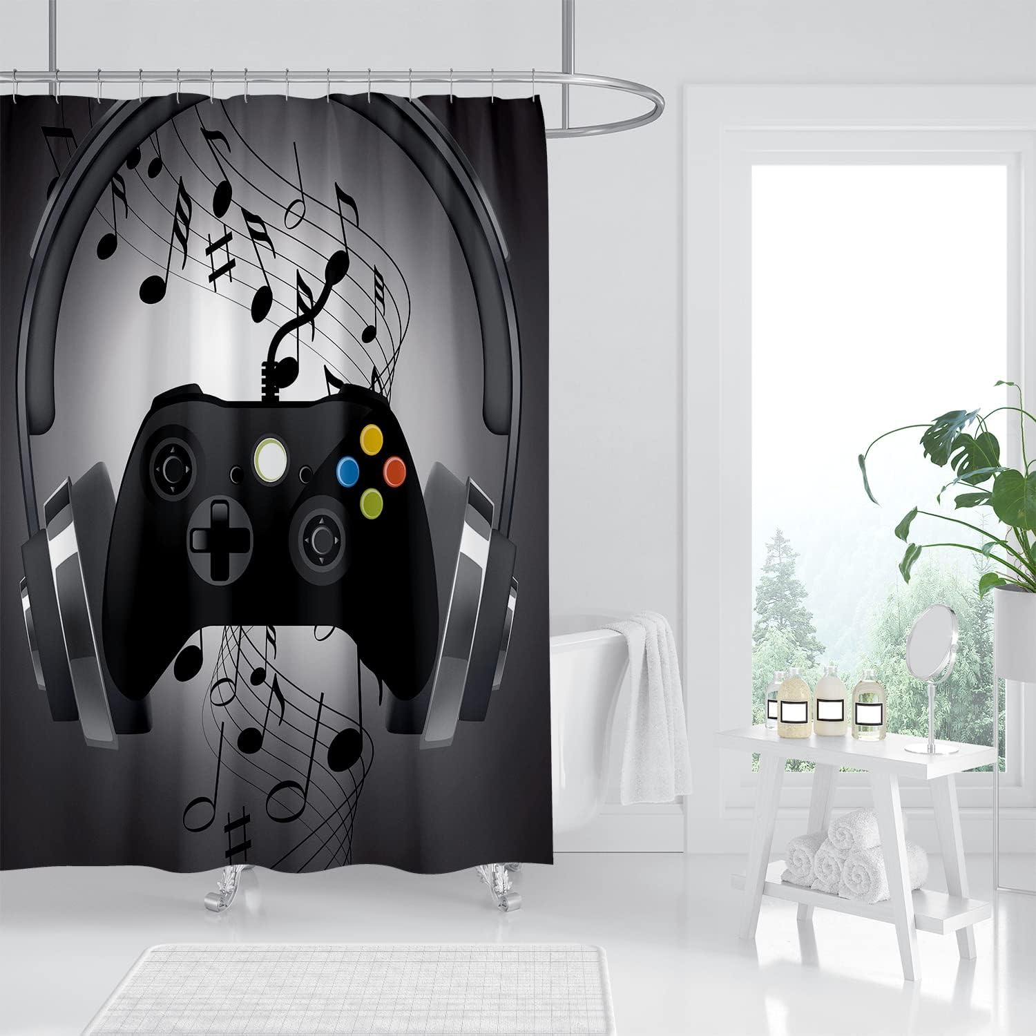 Gaming Shower Curtain Set for Boys 72x72 Black Waterproof