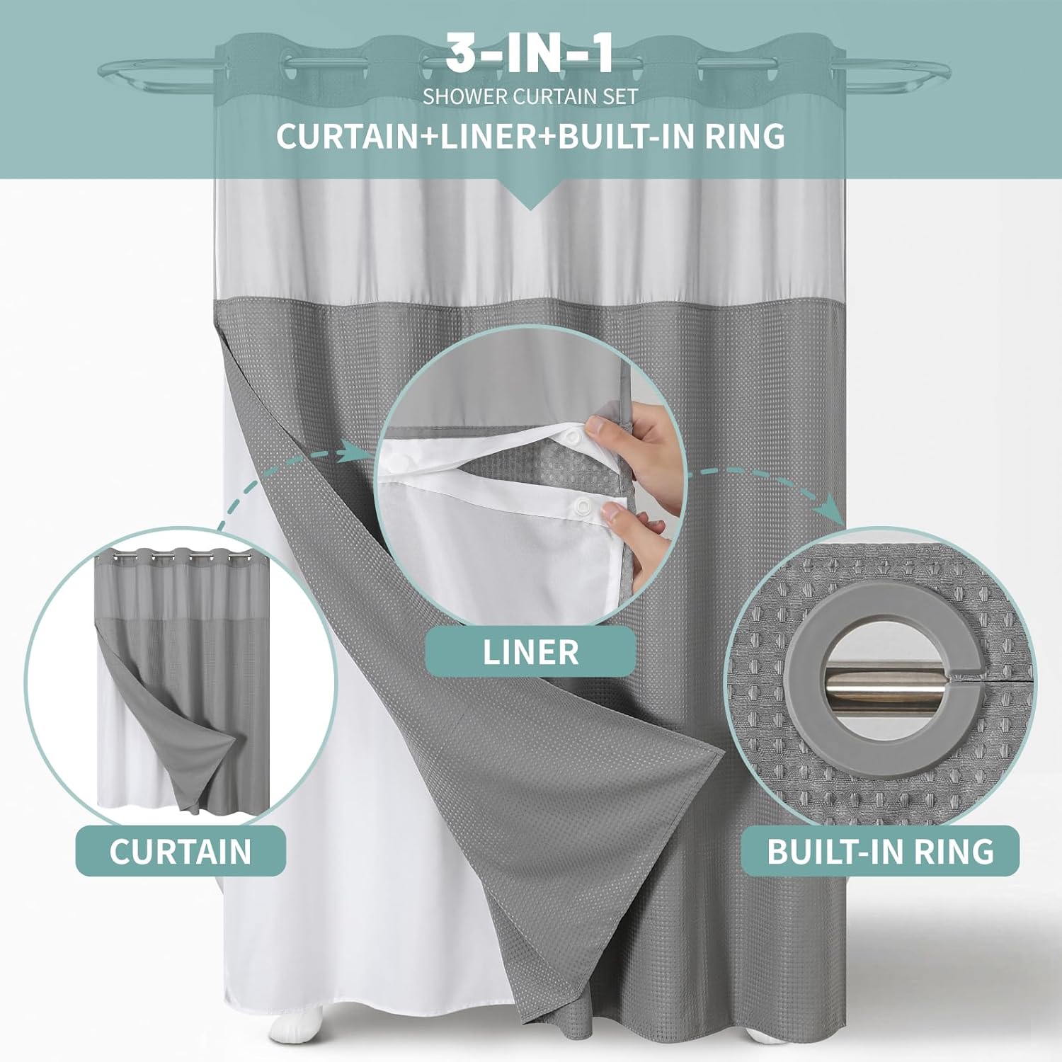 Grey Waffle Weave Shower Curtain Set with Snap-In Liner