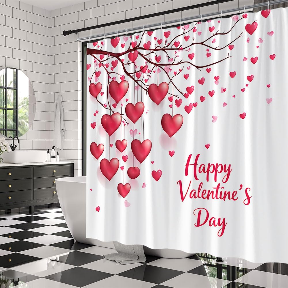 Bathroom Valentines Day Shower Curtain Pink Heart 70x70 Red