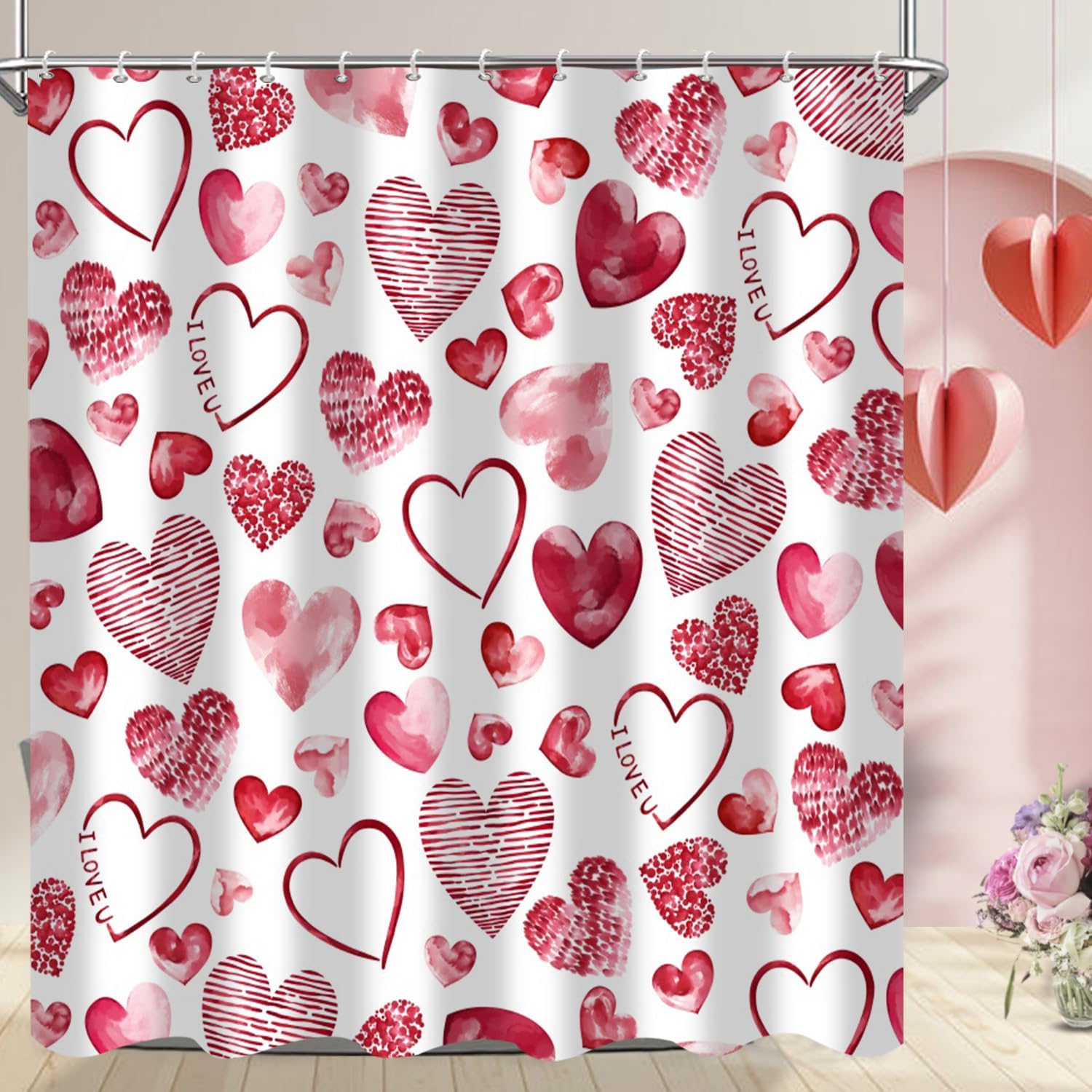 Lush Valentines Day Shower Curtain Red Pink Hearts Waterproof Durable 72x72 inches