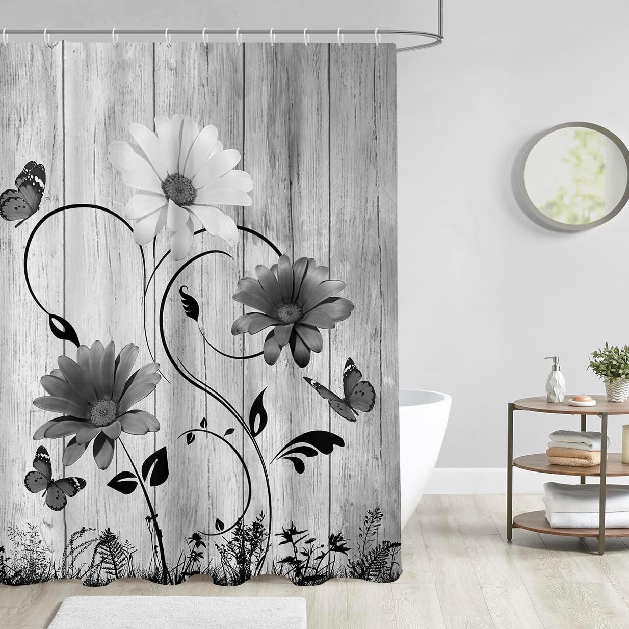 Stylish Floral Bath Curtain with Butterfly Leaves Design
