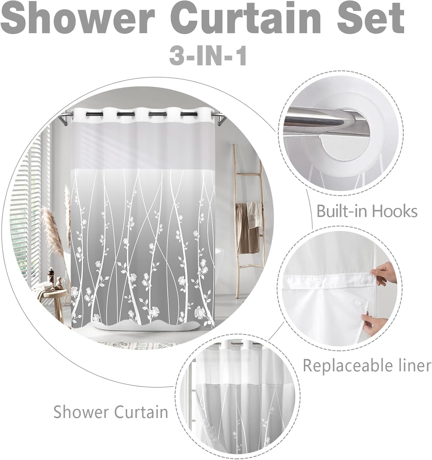 No Hook shower curtain set ombre floral grey fabric 71x74 inches