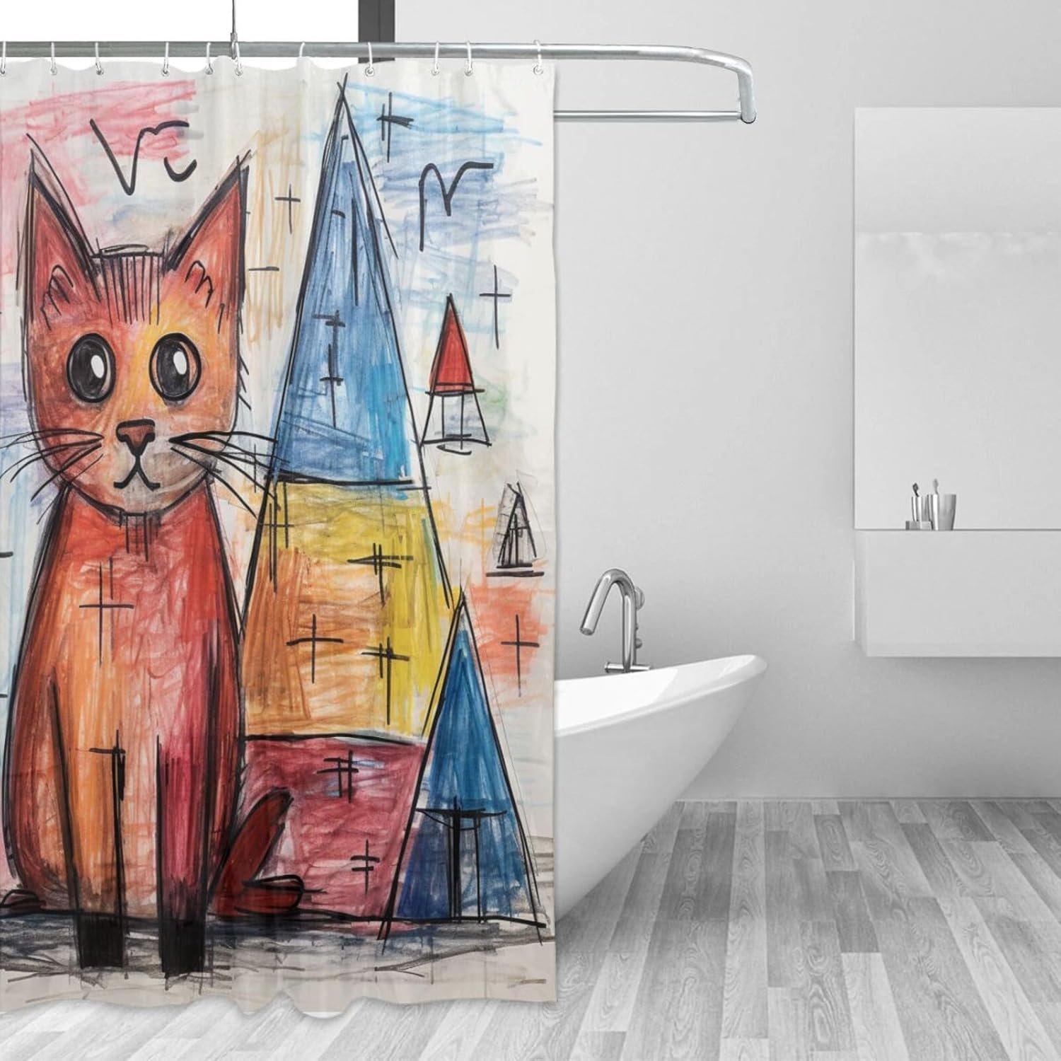 Cute Cat Shower Curtain Crayon Drawing Boho Set for Kids 72x72in