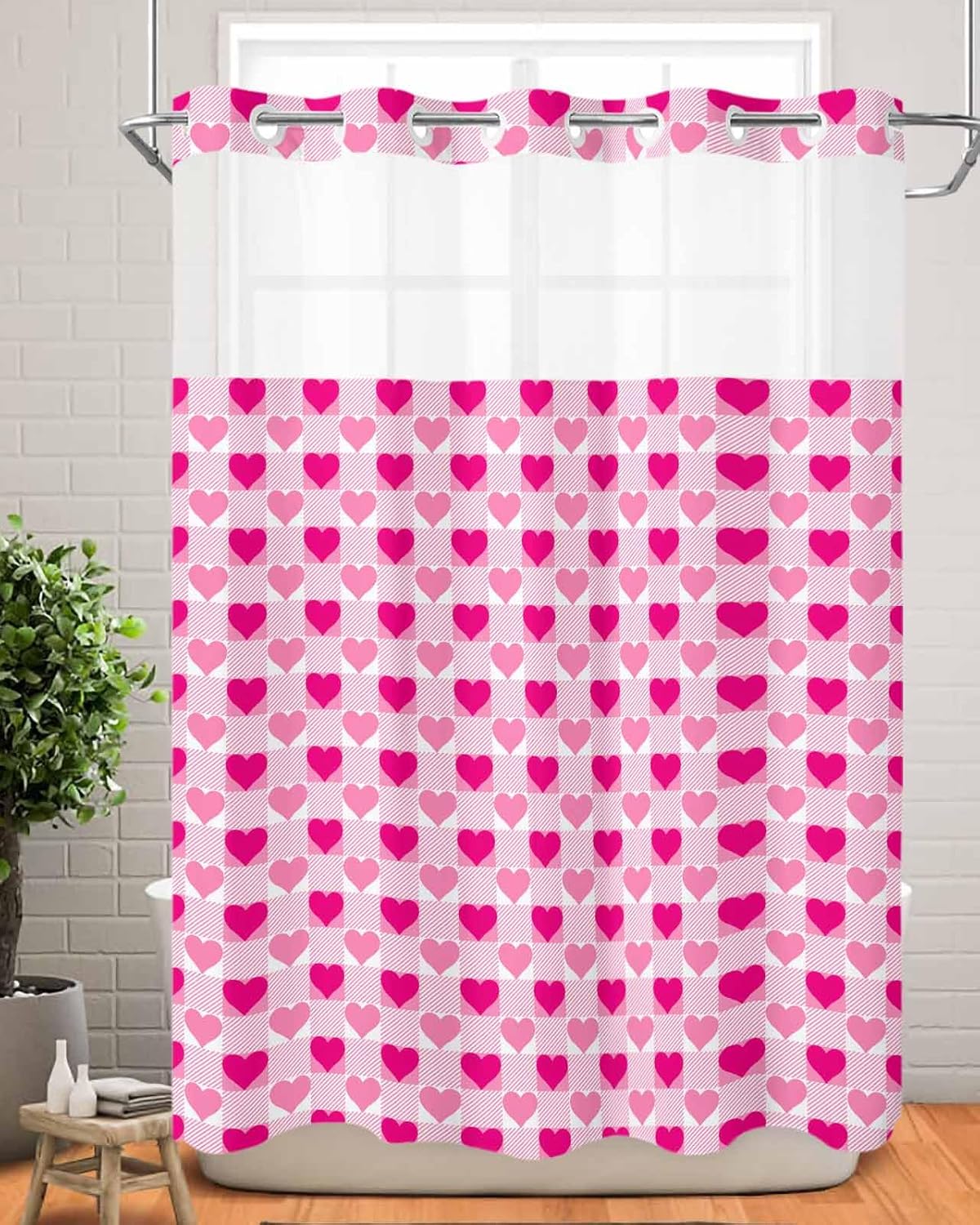 Instant no hook shower curtain set quick dry waterproof with heart design