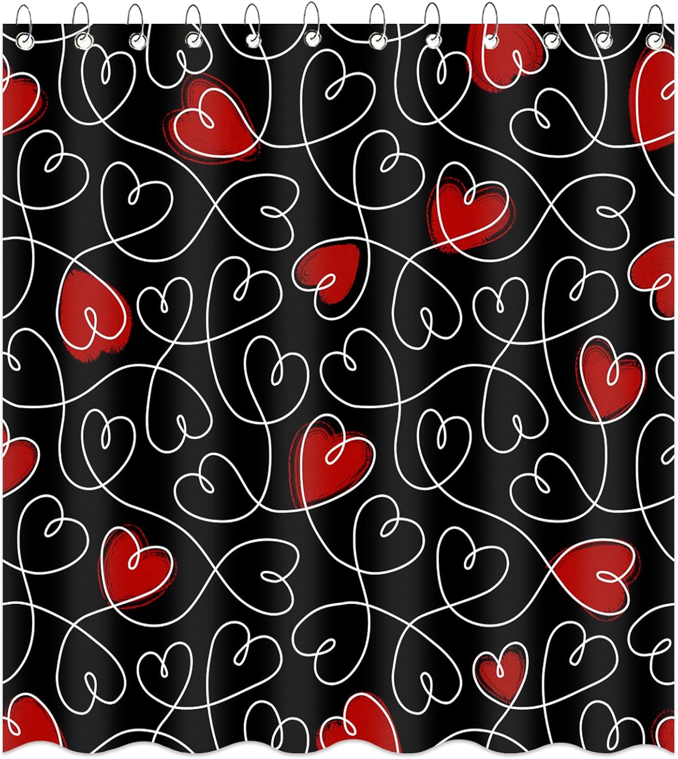 Valentines Day Gift - Black Heart Shower Curtain with 12 Hooks