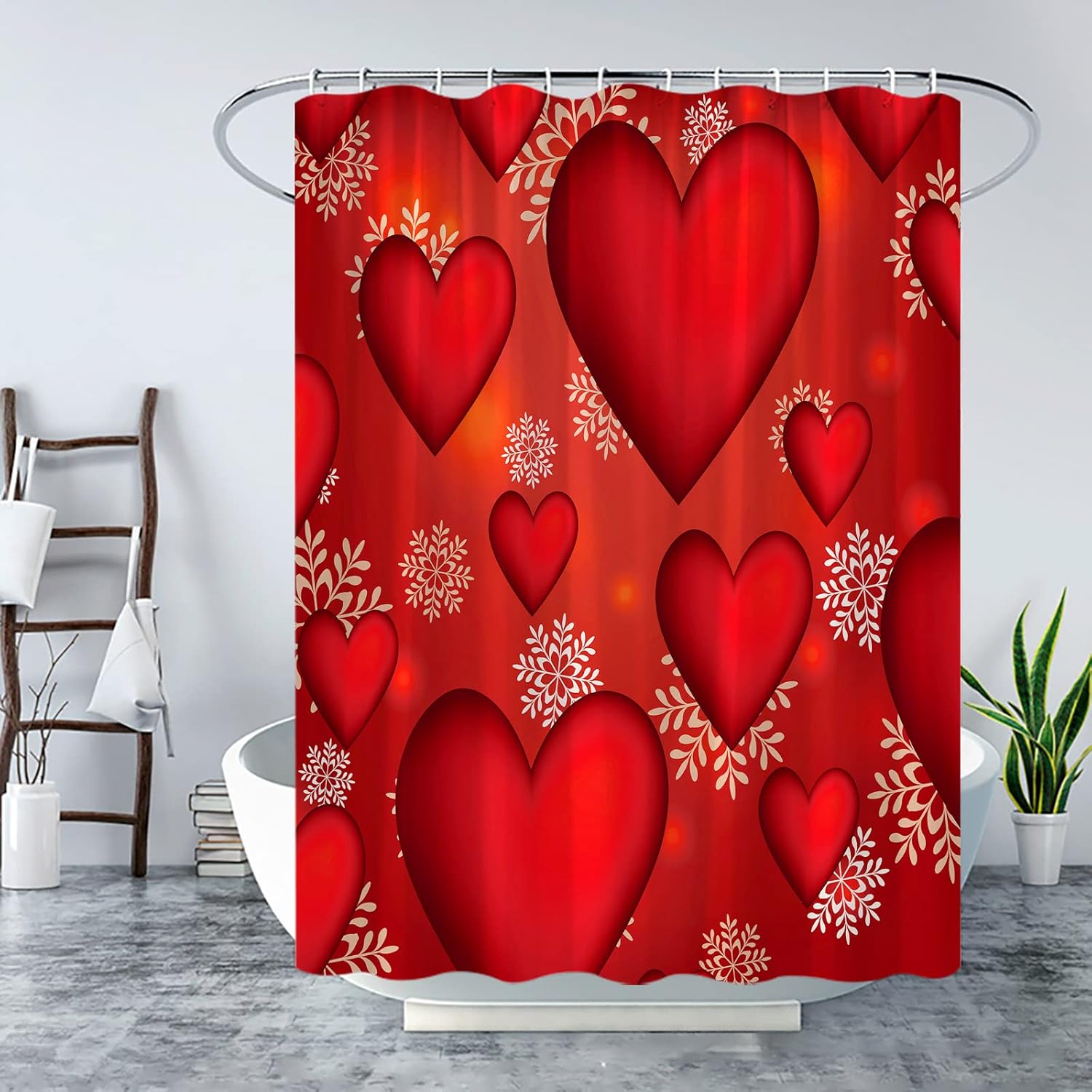 BST Valentines Heart Shower Curtain Set 70x70 Inches Red White