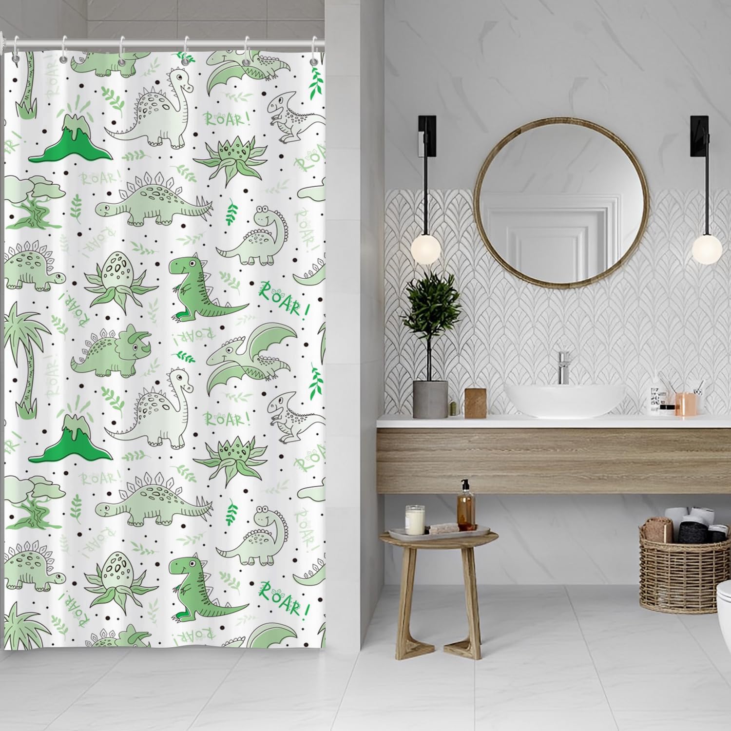 Baocicco Cute Cartoon Dinosaur Shower Curtain Set Green Animals Plants 36x72 Inches