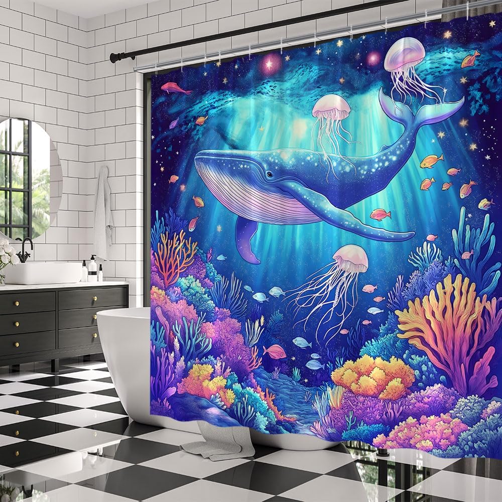 Fantasty Whale Bath Curtains Tropical Blue Ocean