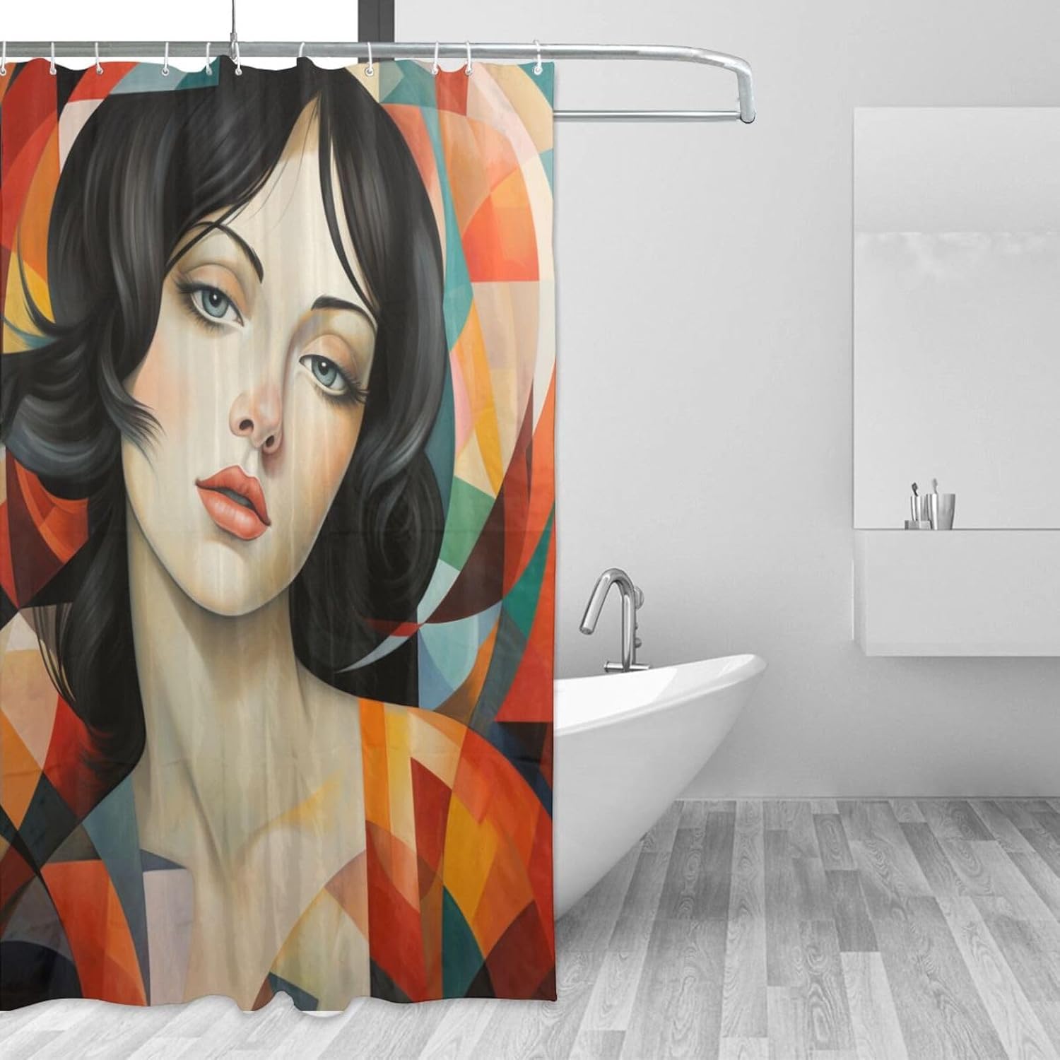 Feminine Face Face Shower Curtain Farmhouse Boho Design 12 Hooks - Home Kitchen