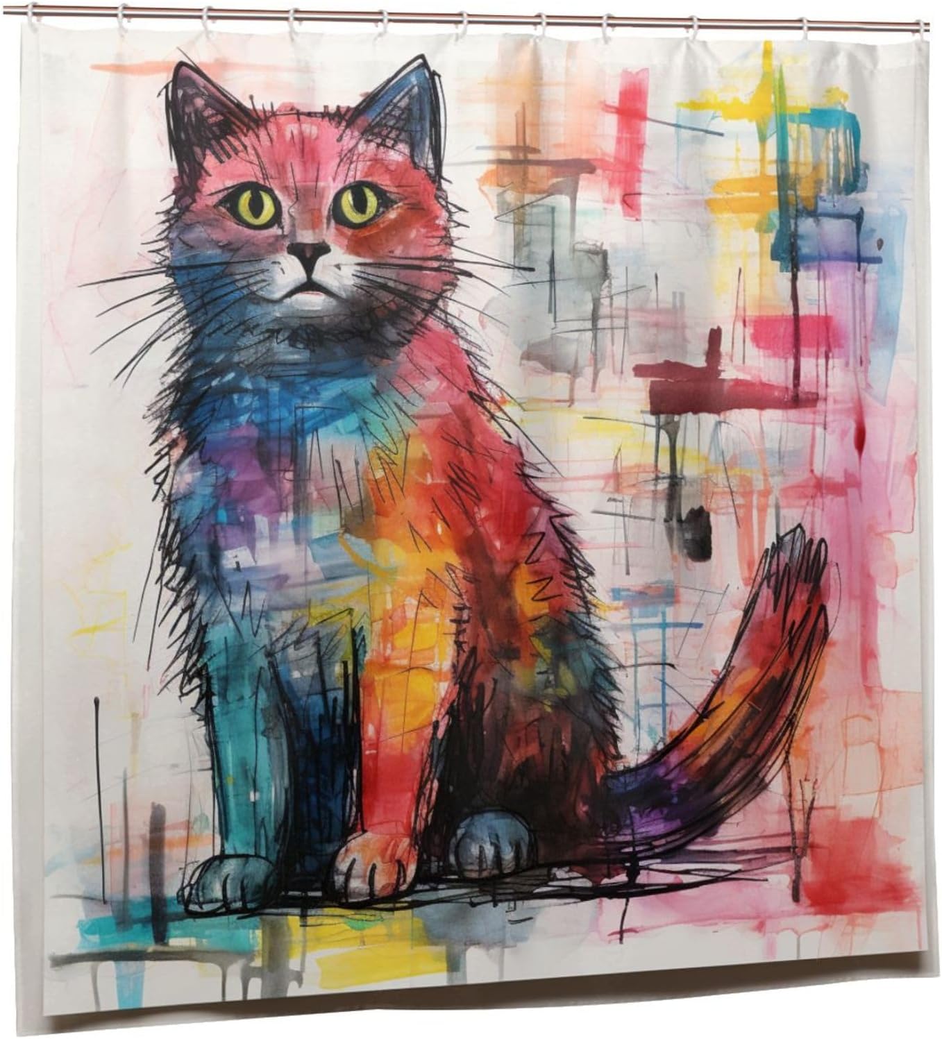 Cute Cat Shower Curtain with 12 Hooks 72x72in