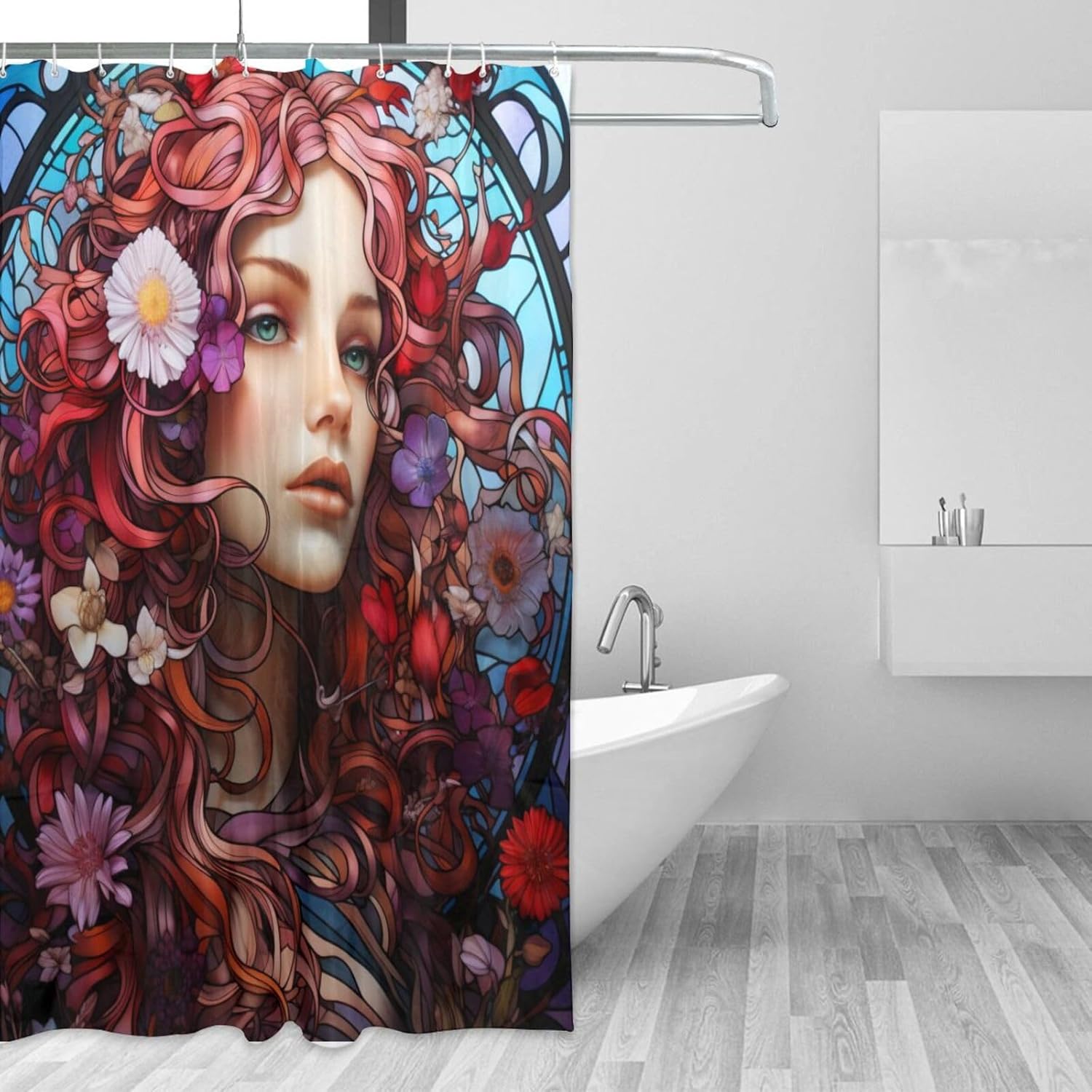 DAOWANGZUO Long Hair Girl Blue Glass Art shower curtain set