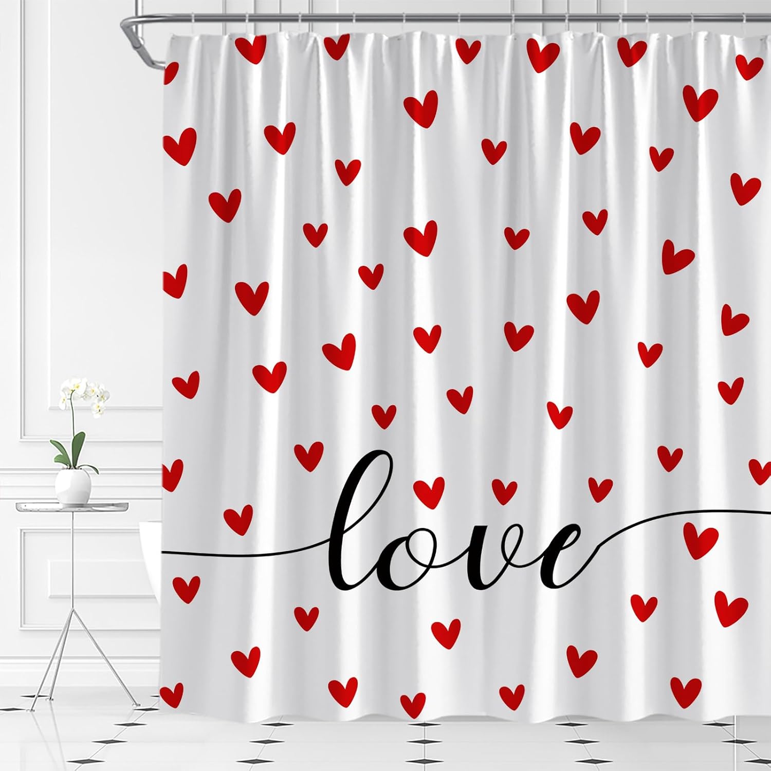 Red Heart Valentines Day Shower Curtain Set with Hooks 70 x 70
