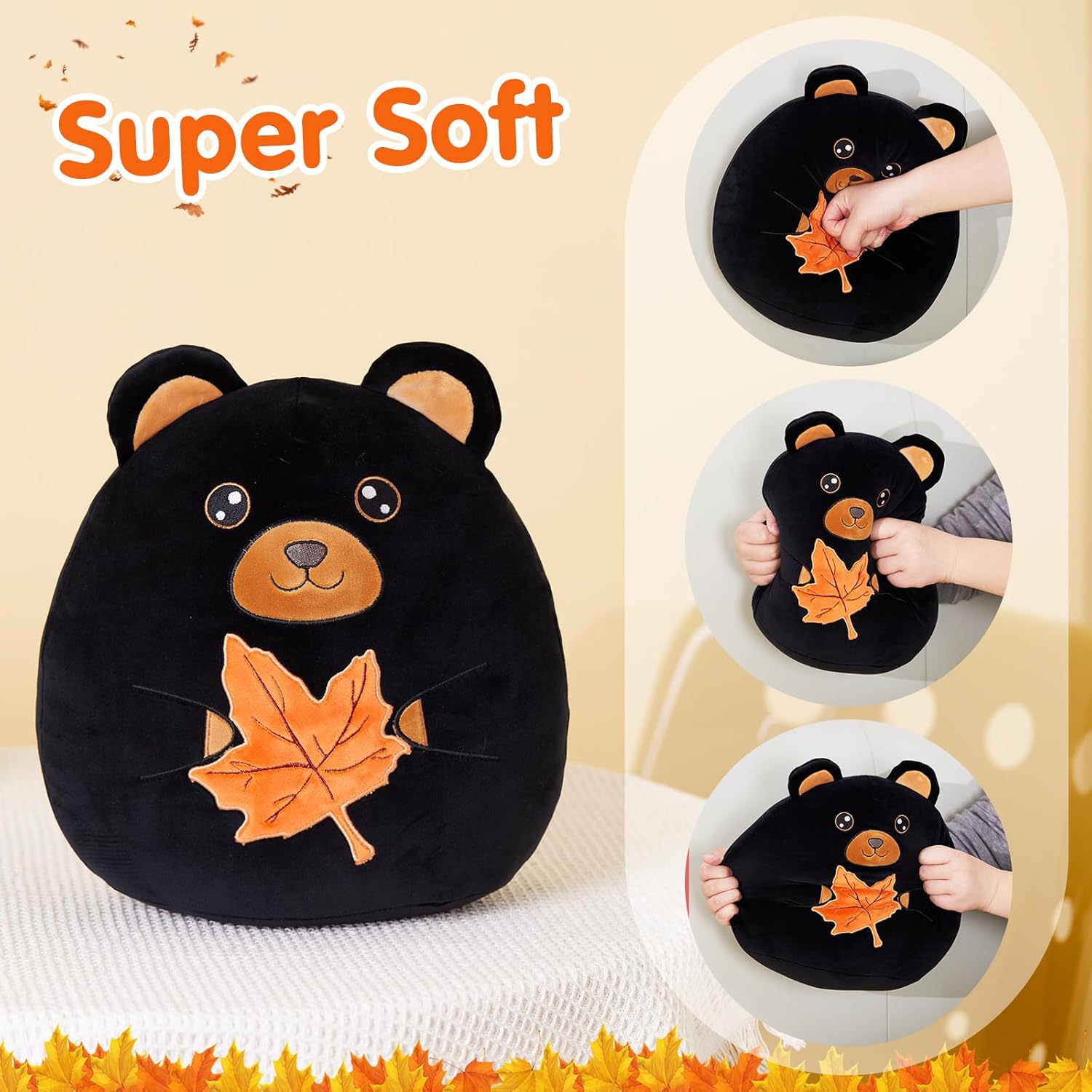 Wewill 12-Inch Black Bear Plush Pillow Cute Bear Holding Maple Leaf