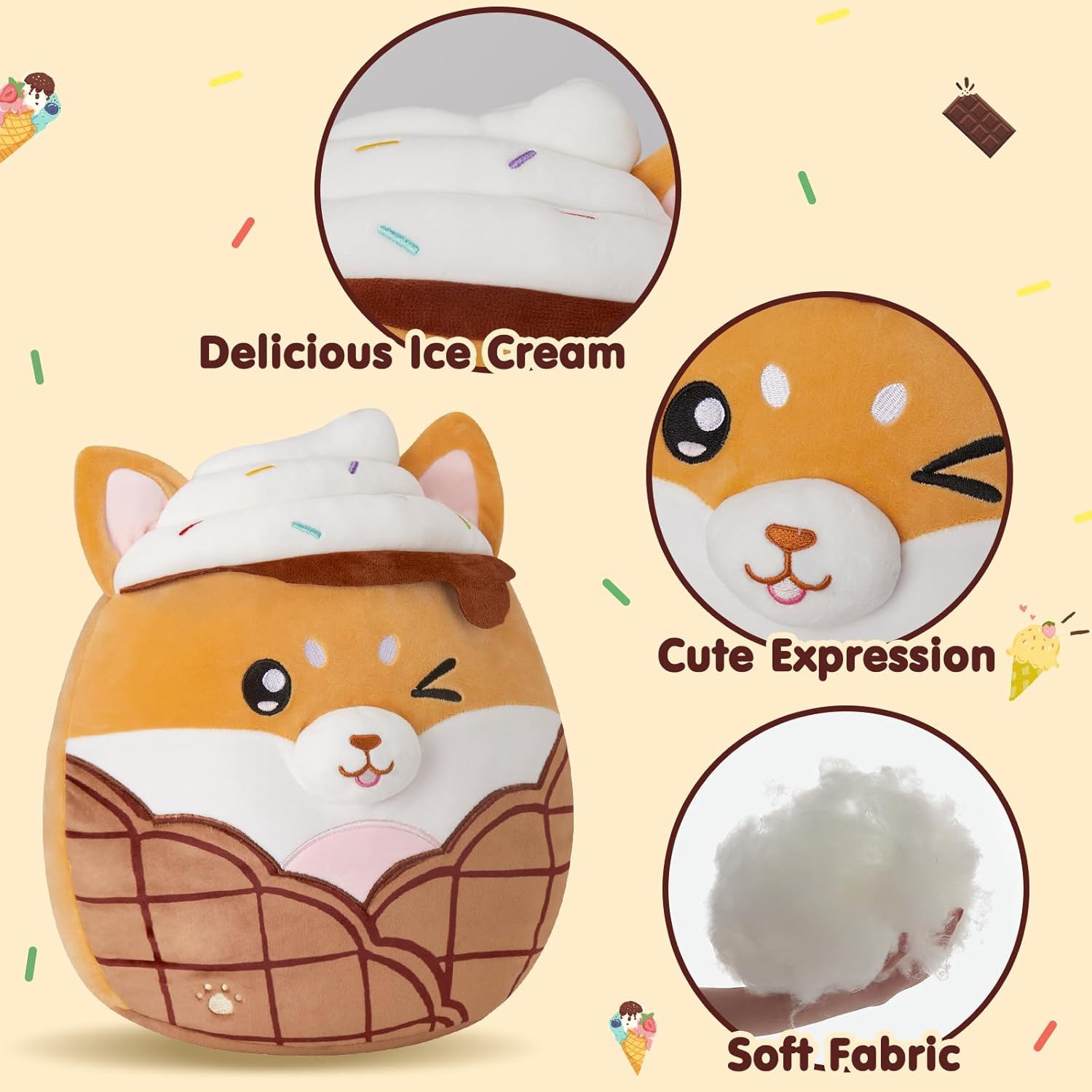 Shiba Inu Plush Pillow - Cute Corgi and Ice Cream Design