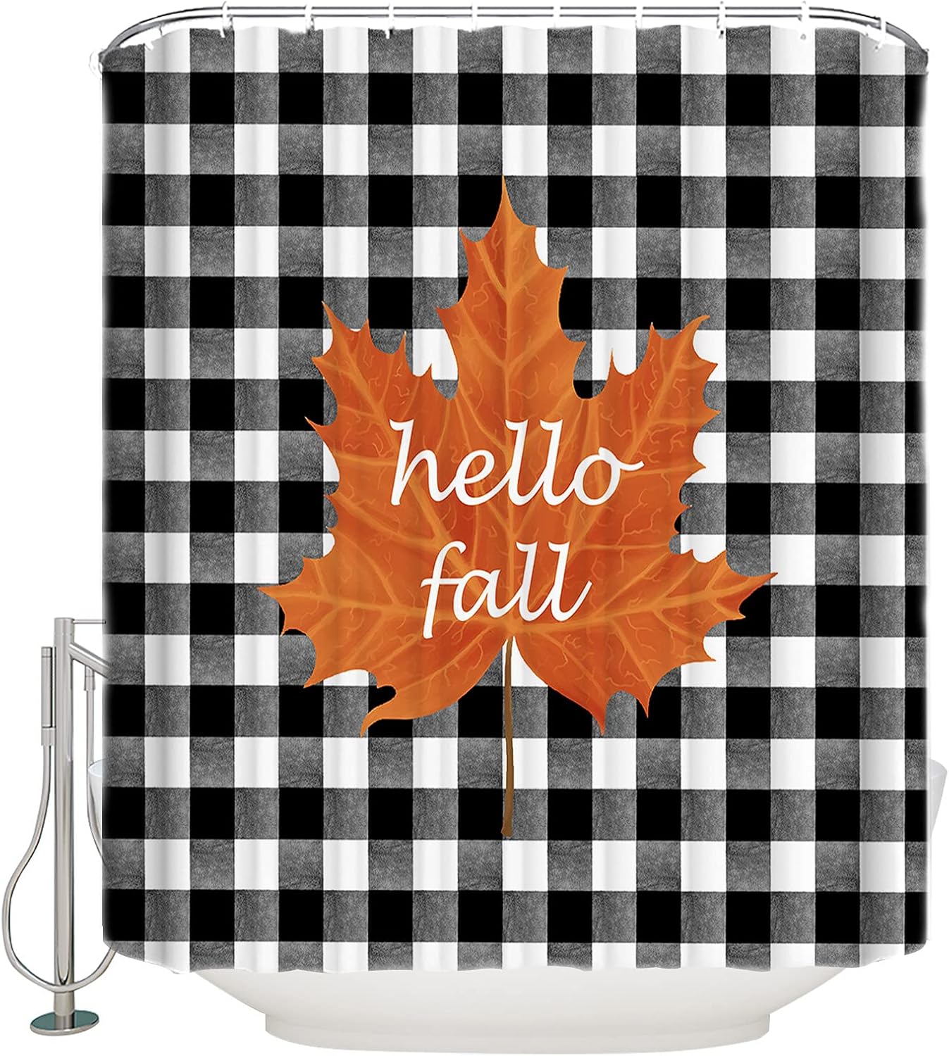 Autumn-themed waterproof shower curtain with 12 hooks for easy setup