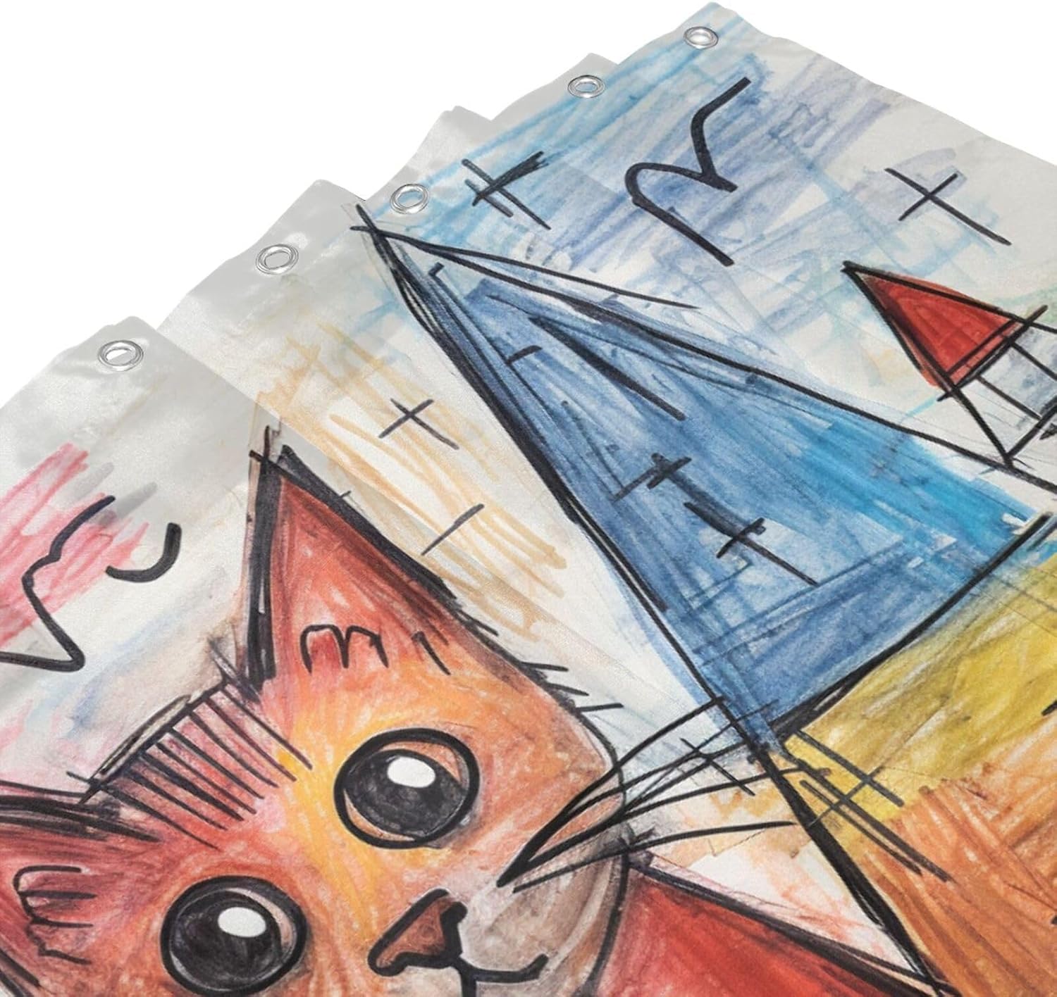 Cute Cat Shower Curtain Crayon Drawing Boho Set for Kids 72x72in