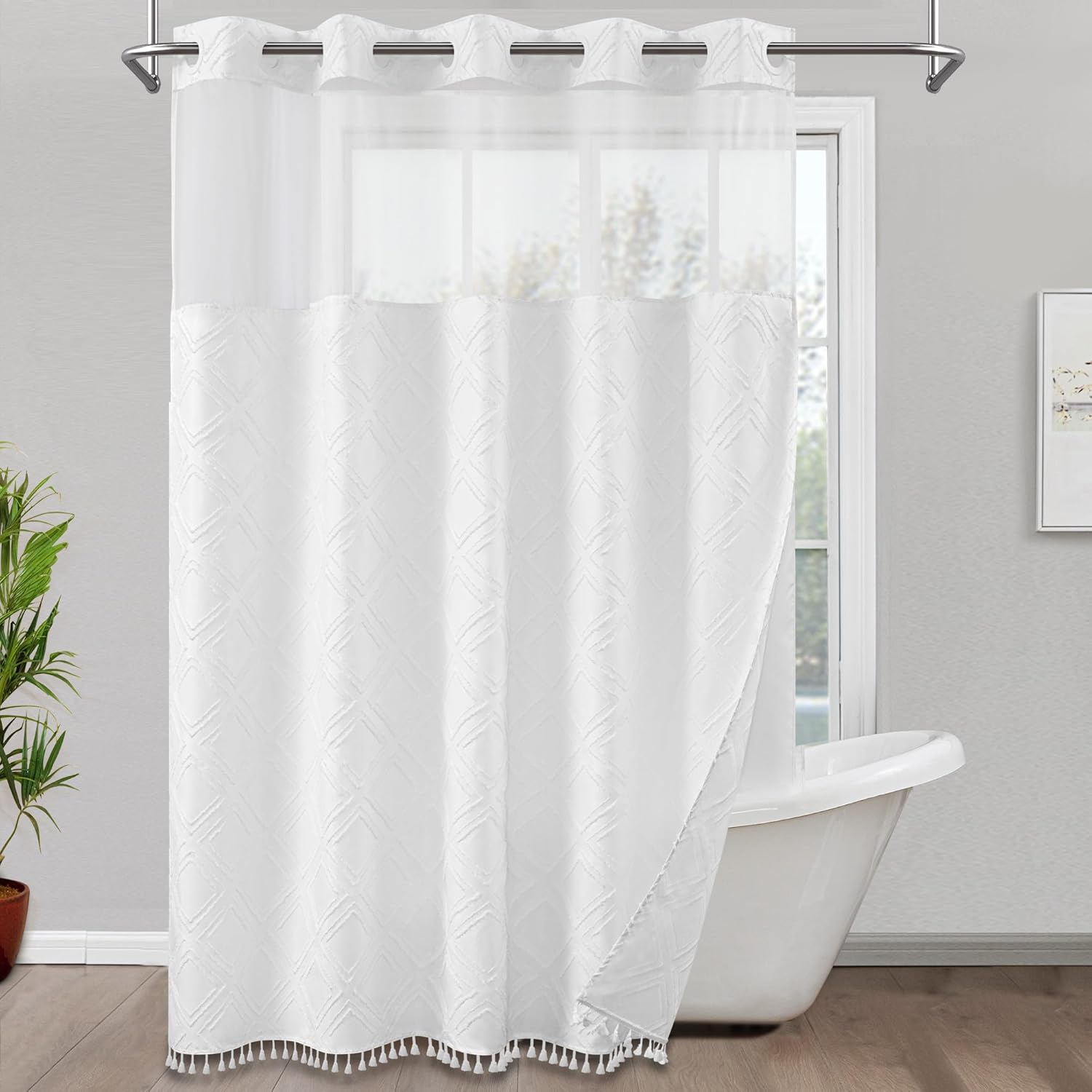 ROSERY No Hook Shower Curtain Set with Boho Farmhouse Jacquard Tufted Geometric Striped