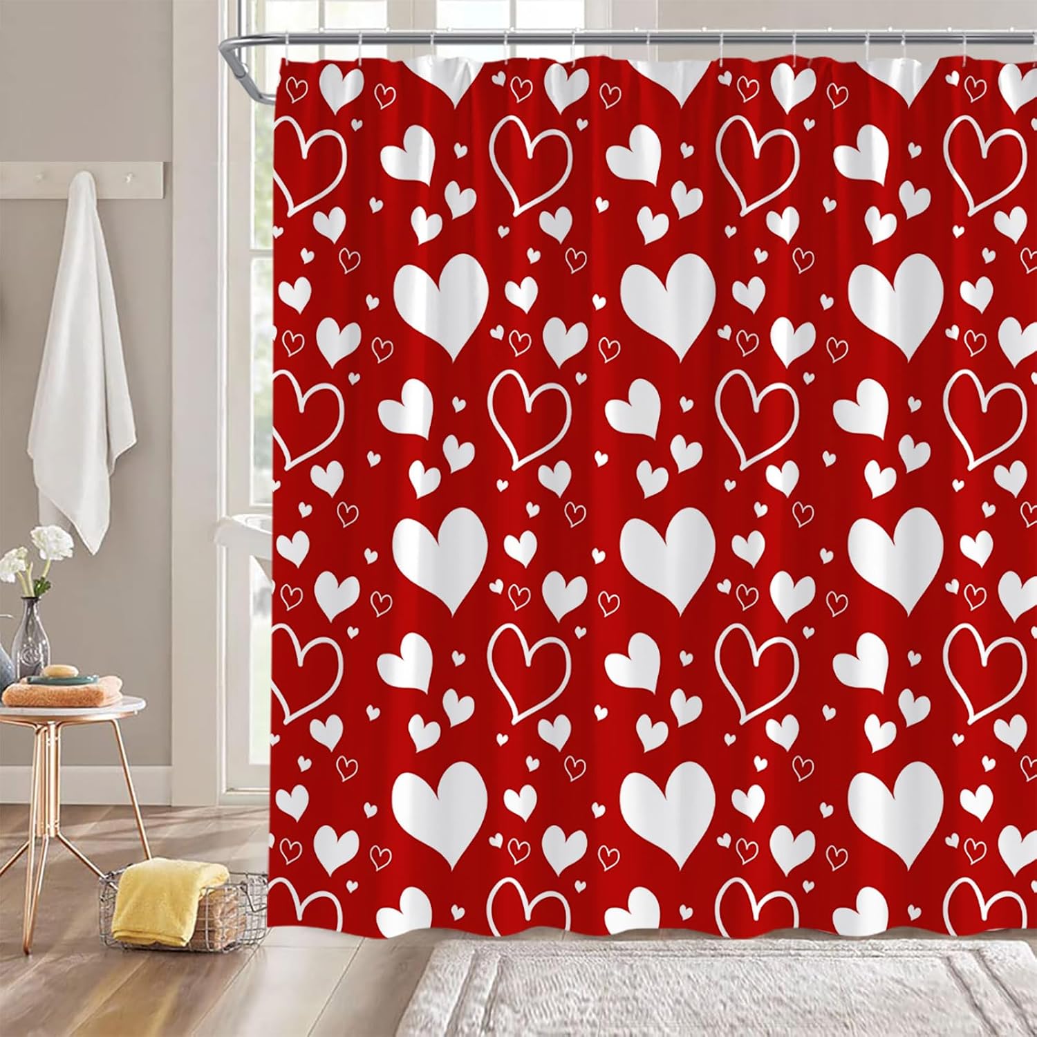 A Star Design Valentines Shower Curtain Red White Heart Set 70x70cm