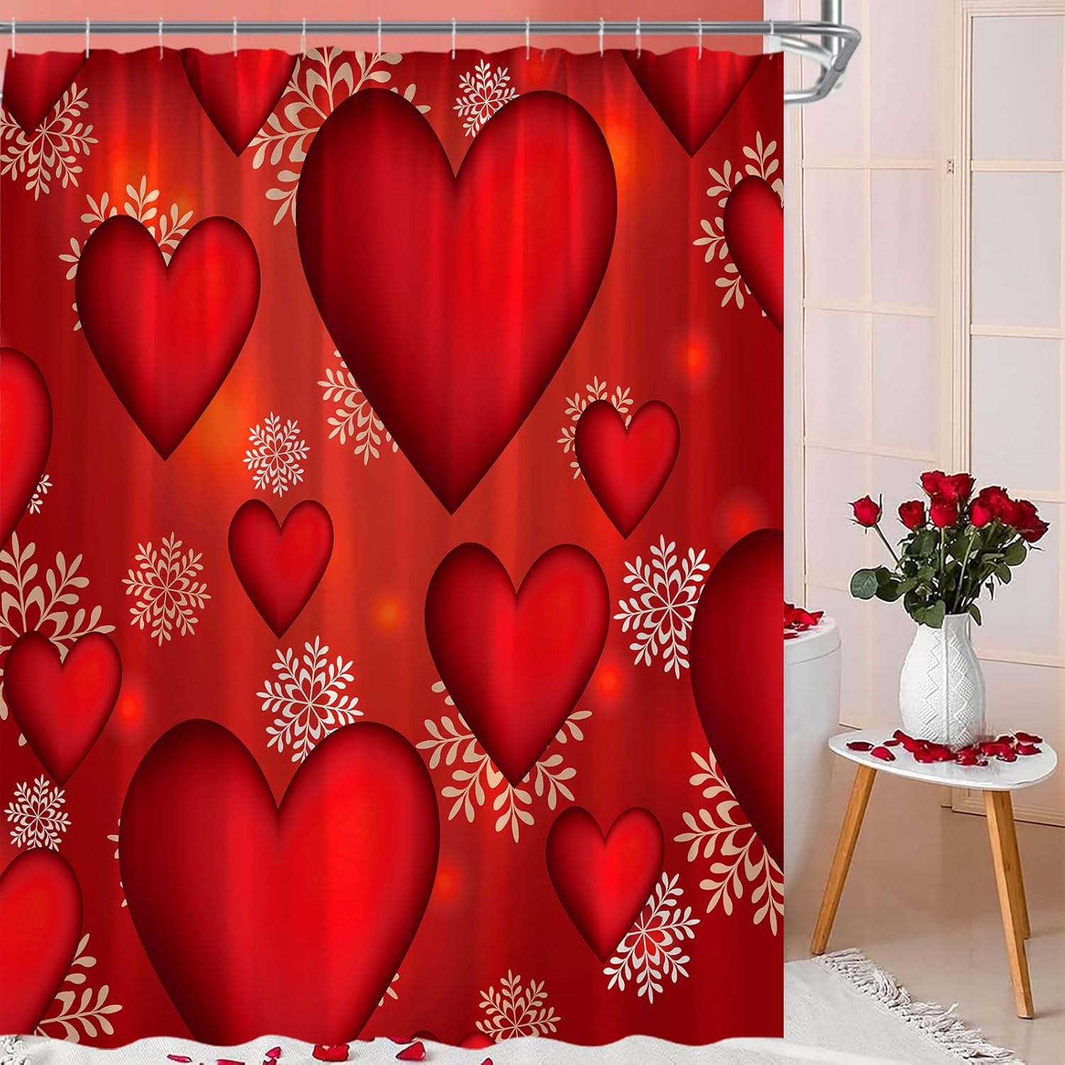 BST Valentines Heart Shower Curtain Set 70x70 Inches Red White