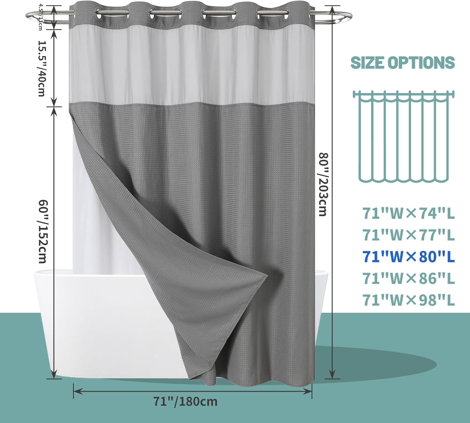 Grey Waffle Weave Shower Curtain Set with Snap-In Liner