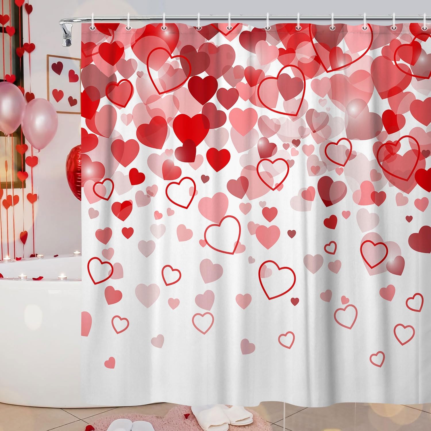 JAWO Valentines Red Heart Shower Curtain Set