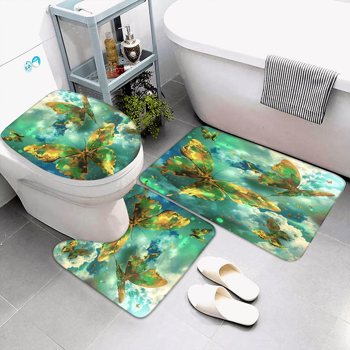 4 PCS Green Butterfly Shower Curtain Sets