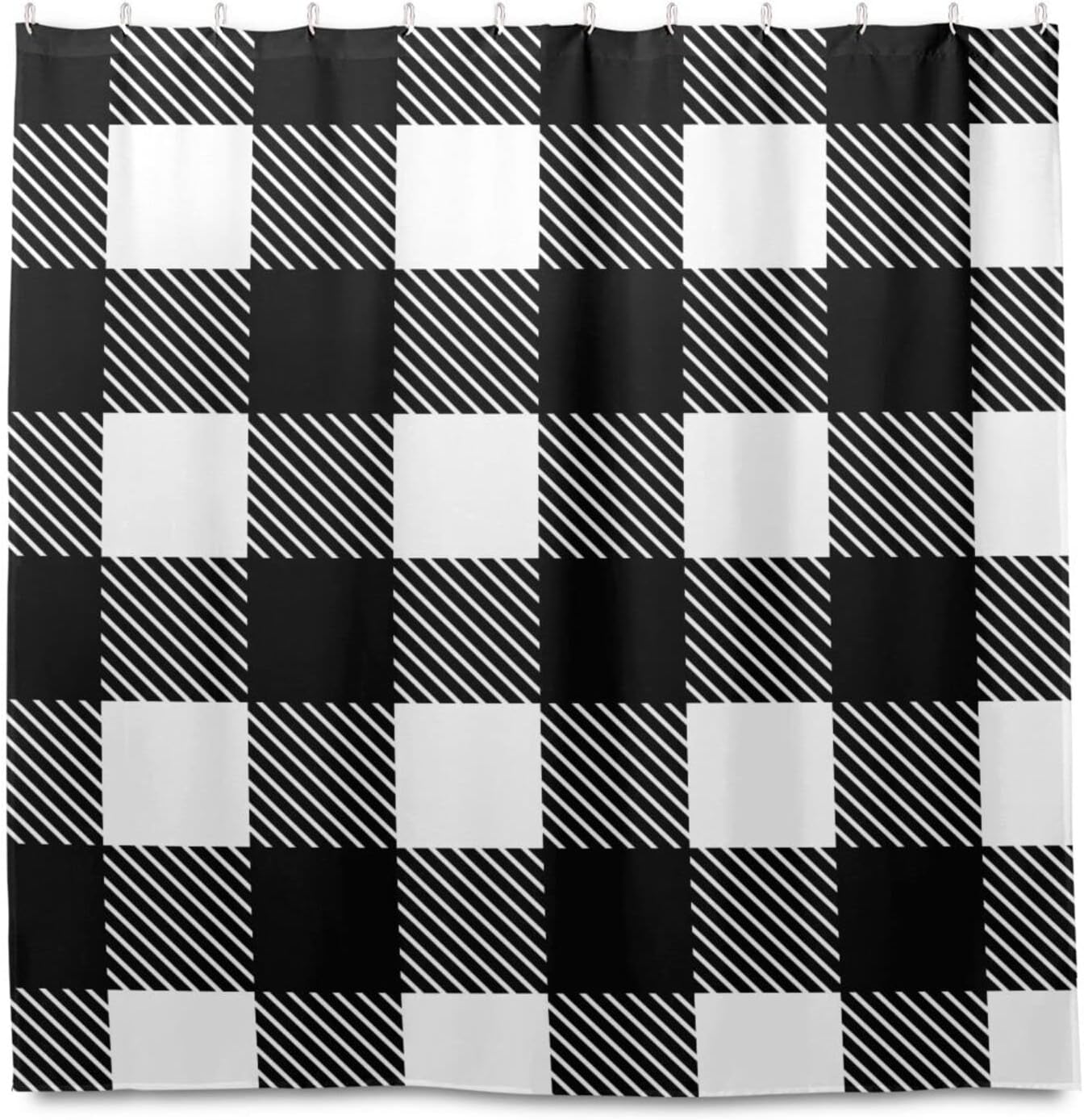 Susiyo - Waterproof Machine Washable Black White Tartan Plaid Bathroom Shower Curtain with Hooks