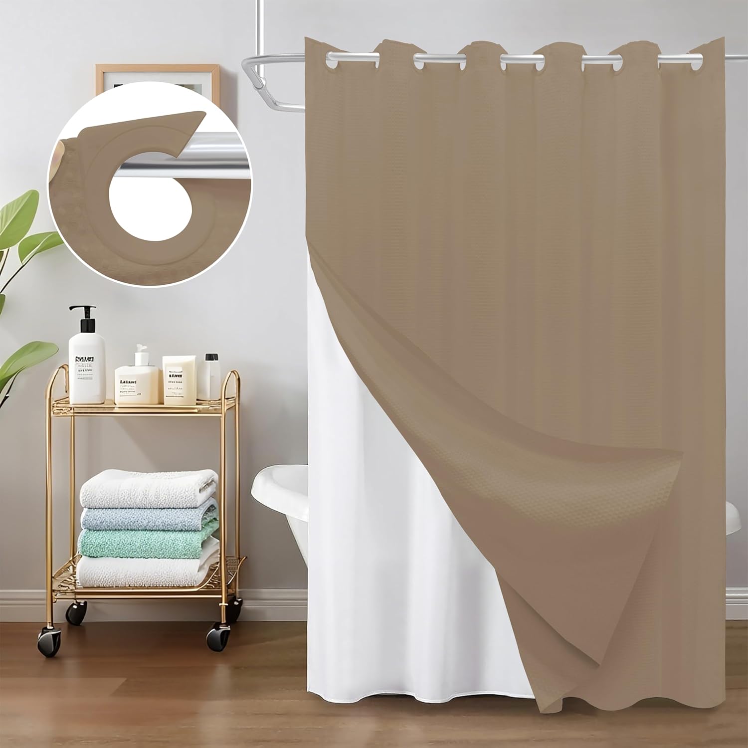 Easy Set No-Hook Waffle Washable Shower Curtain Set