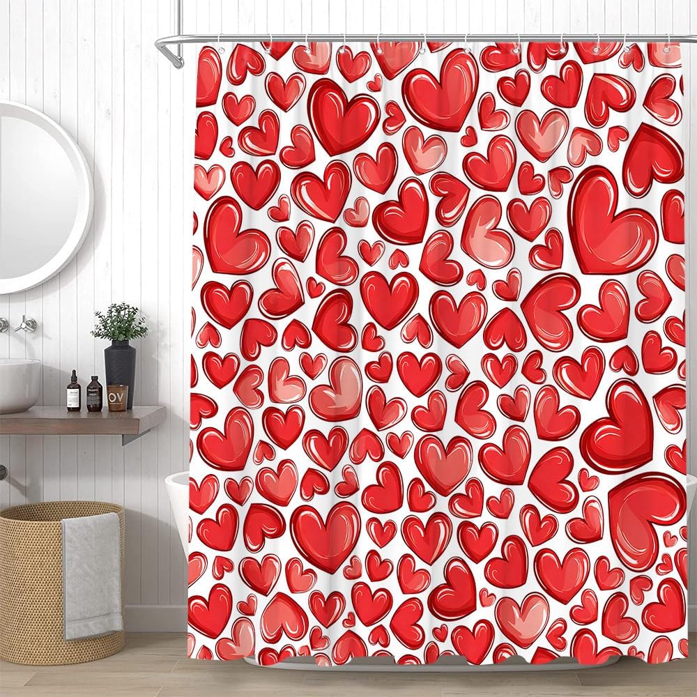 Red Heart Romantic Shower Curtain Set with Hooks for Valentines Day