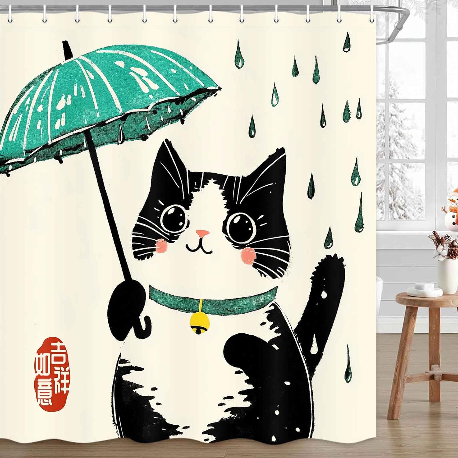 Funny Cat Shower Curtain Japanese Art for Kids Soft Durable