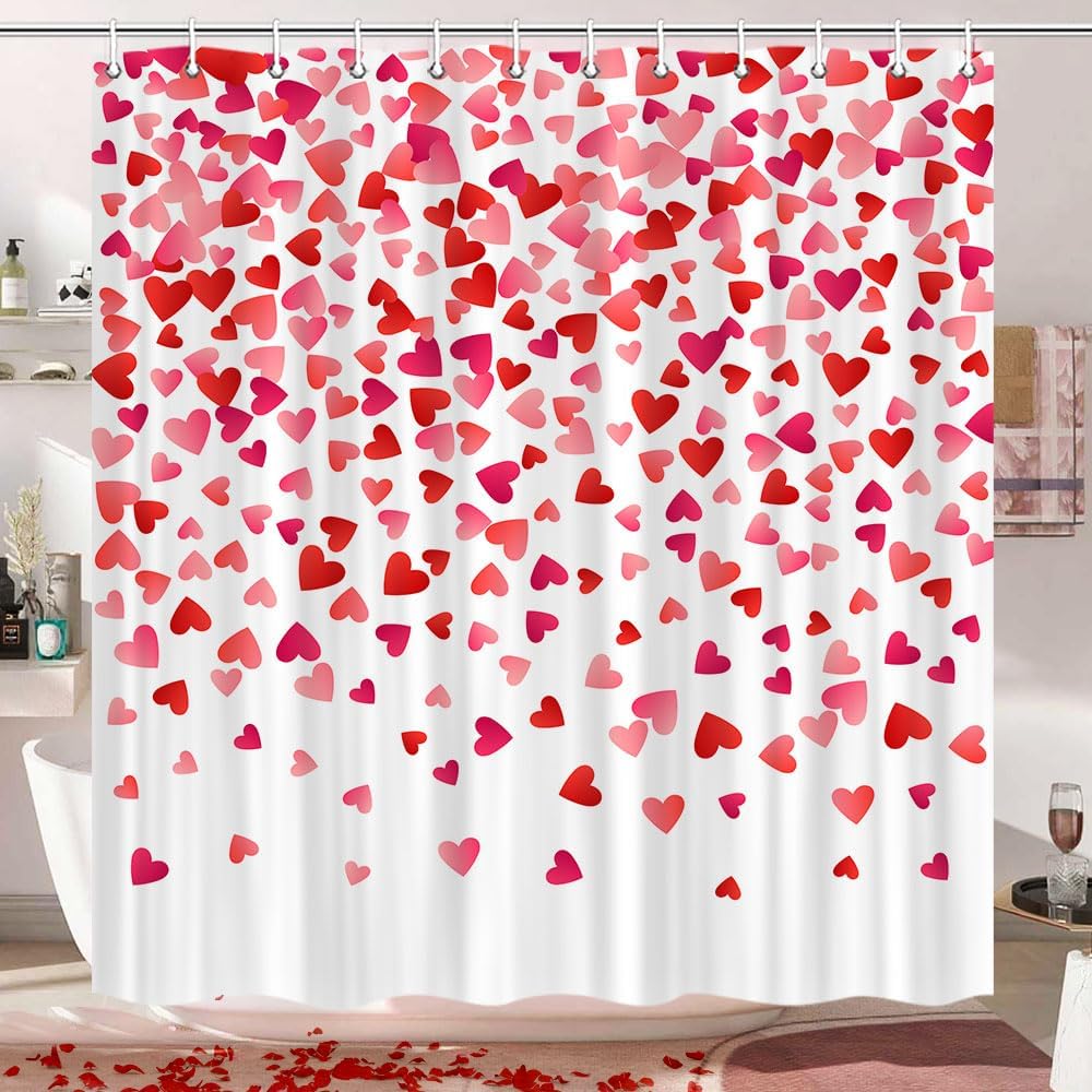 JAWO Valentines Falling Red Heart Shower Curtain Set 70x70 inch