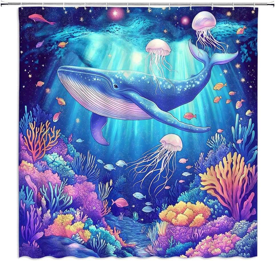 Fantasty Whale Bath Curtains Tropical Blue Ocean