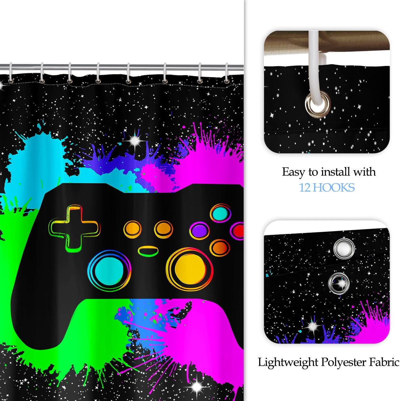 Boys Gaming Shower Curtain Set Graffiti Gamepad Themed - 12 HooksEasy Install