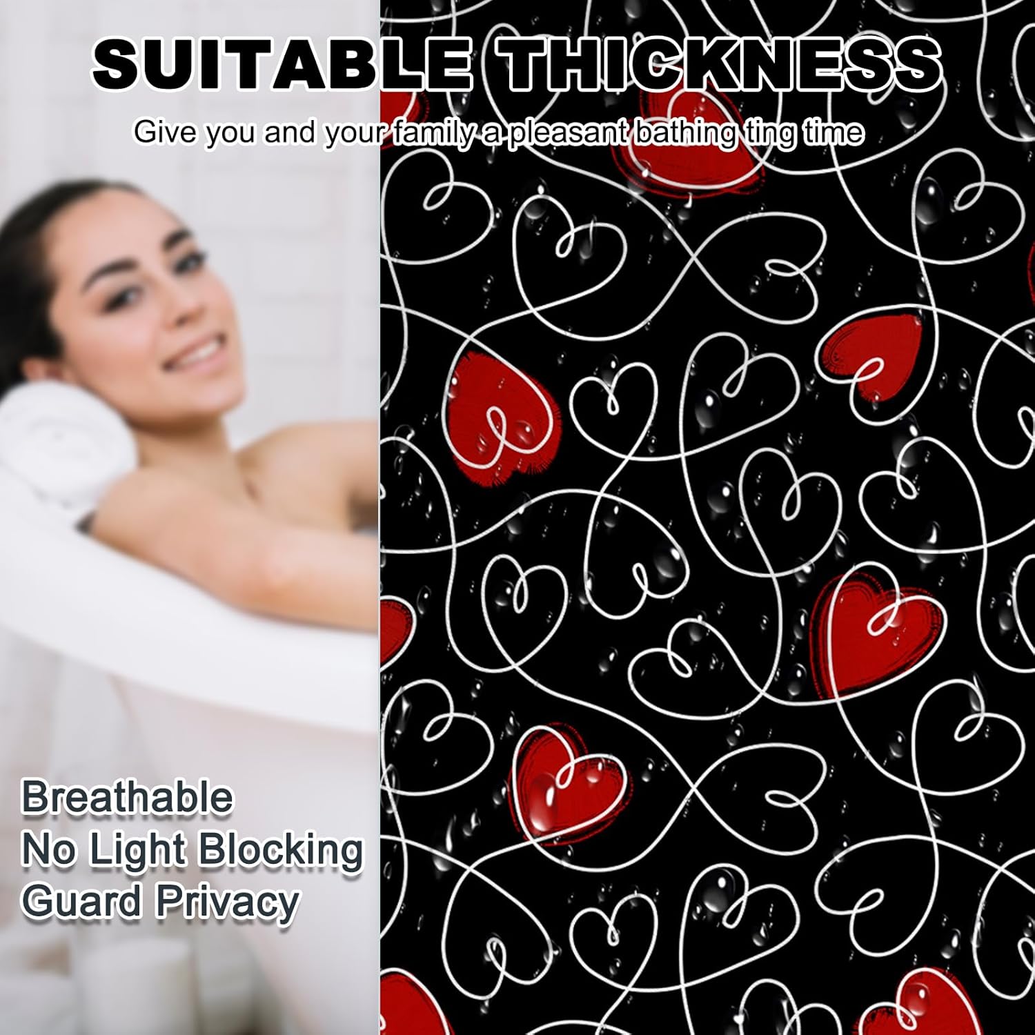 Valentines Day Gift - Black Heart Shower Curtain with 12 Hooks