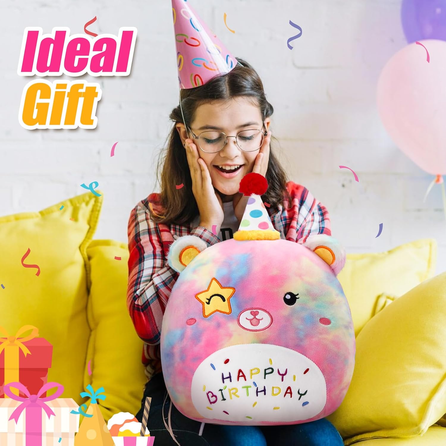 Happy Birthdays with Peace Bear Plush Pillow