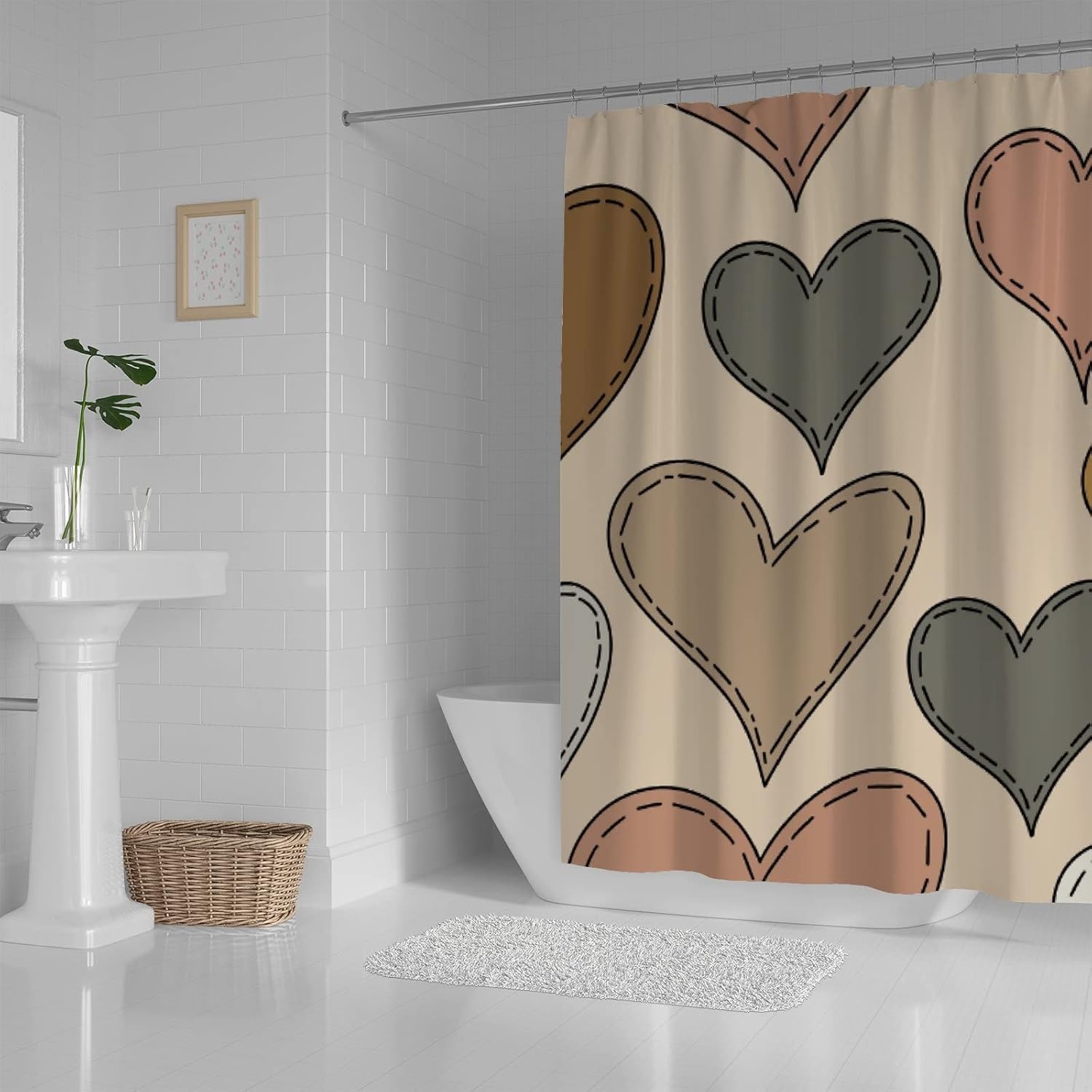 Waterproof Washable Shower curtain with 12 Hooks Heart Design Durable Bathroom Essential