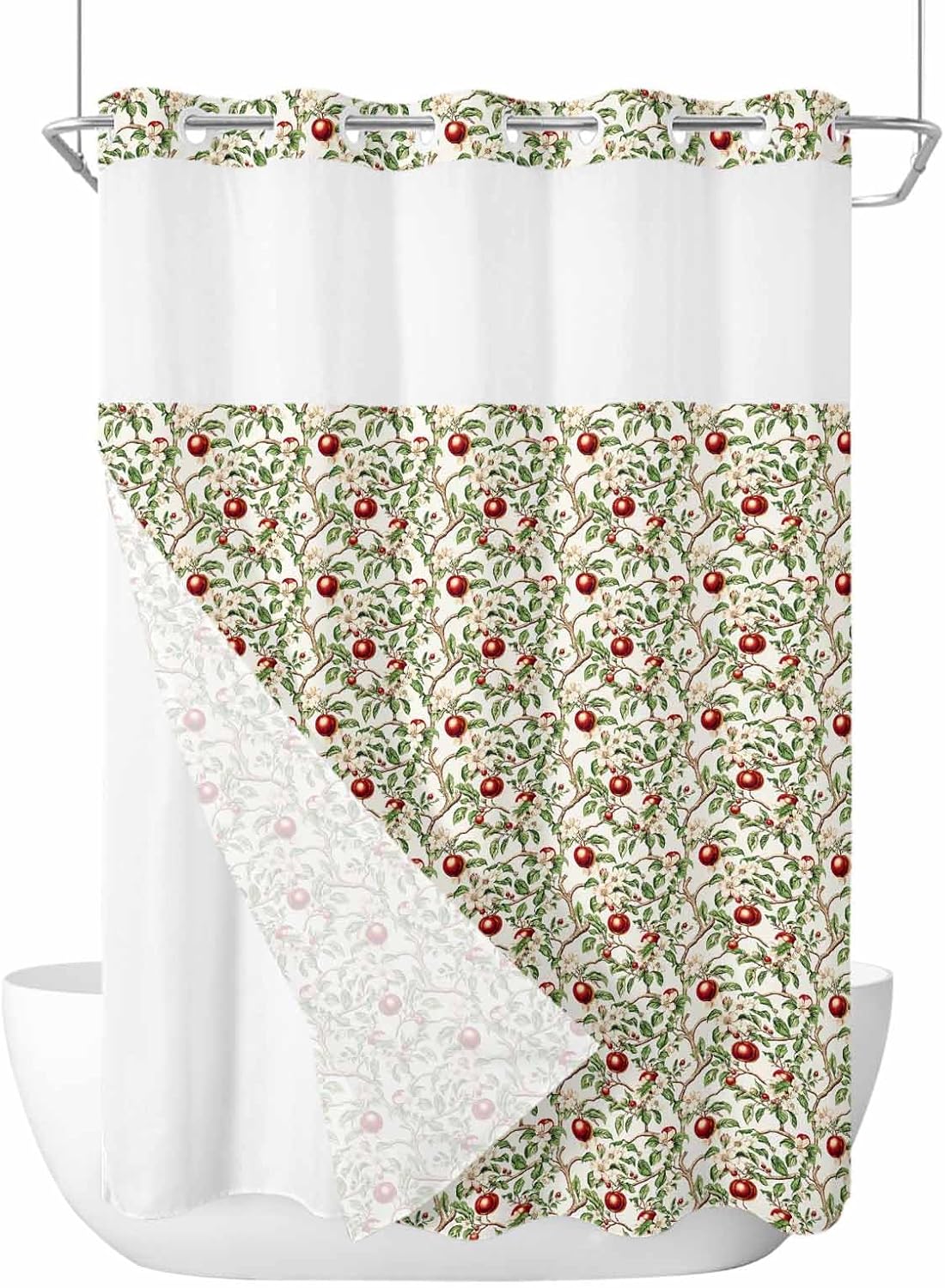 Art Deco Hotel Style Green Fruit No Hooks Shower Curtain Set 60x72