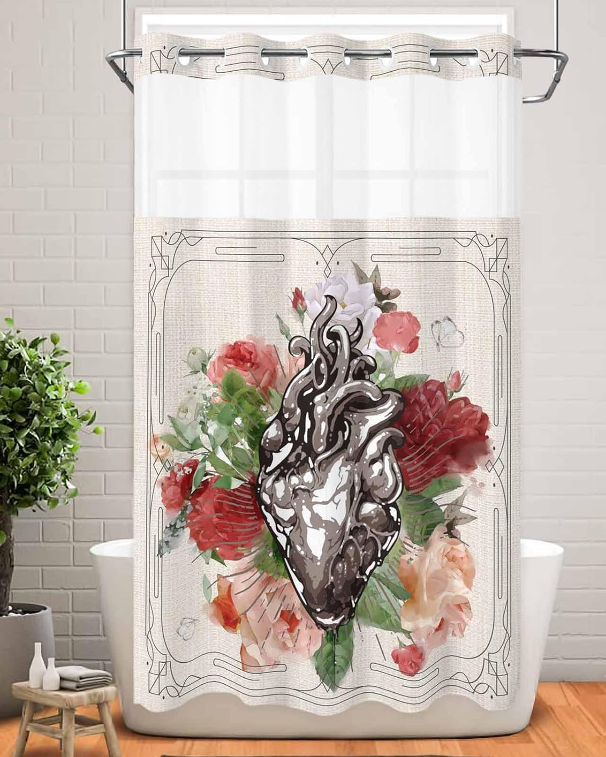 No Hook Botanical Heart Shower Curtain Set 54x78