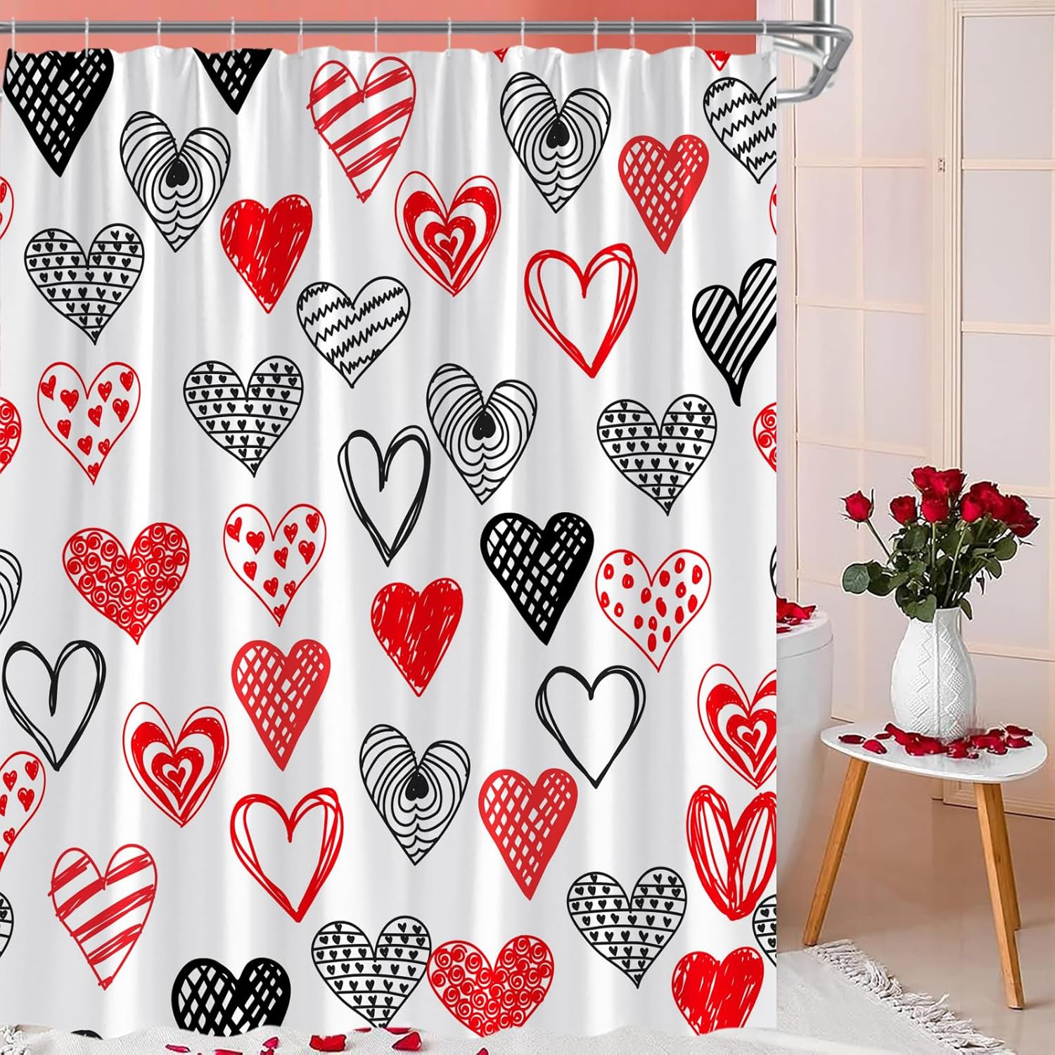 Valentine Heart Shower Curtain Red Black Abstract Design