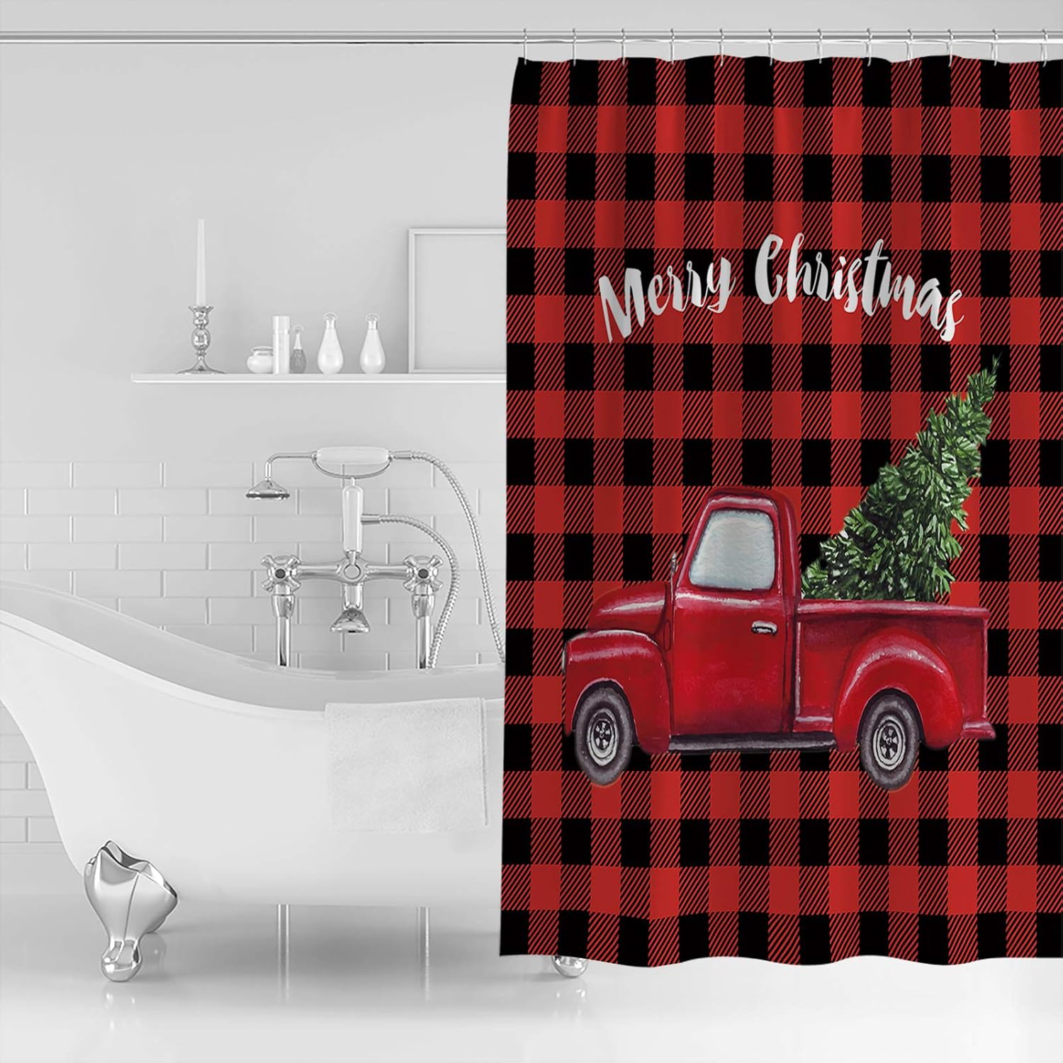 Stunning Christmas Shower Curtain Modern Red Lattice with Heart Tree Waterproof 60x72-Inch