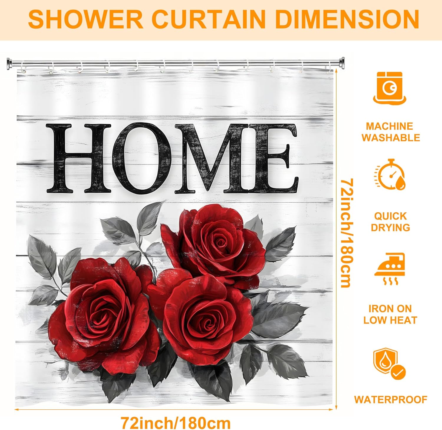 Stylish Retro Red Rose Washable Shower Curtain